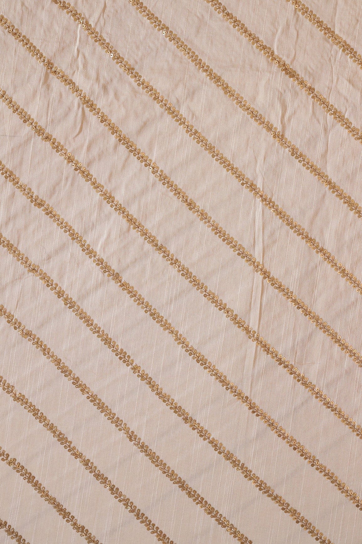 Gold Sequins With Gold Zari Stripes Embroidery Work On Off White Raw Silk Fabric - doeraa