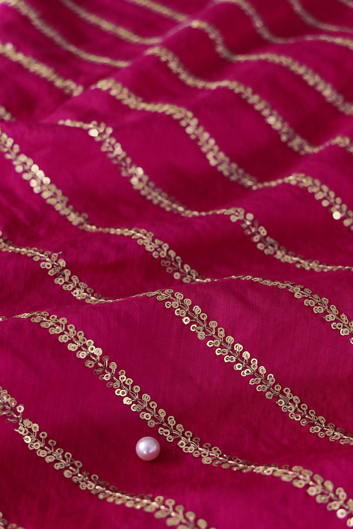 Gold Sequins With Gold Zari Stripes Embroidery Work On Rani Raw Silk Fabric - doeraa