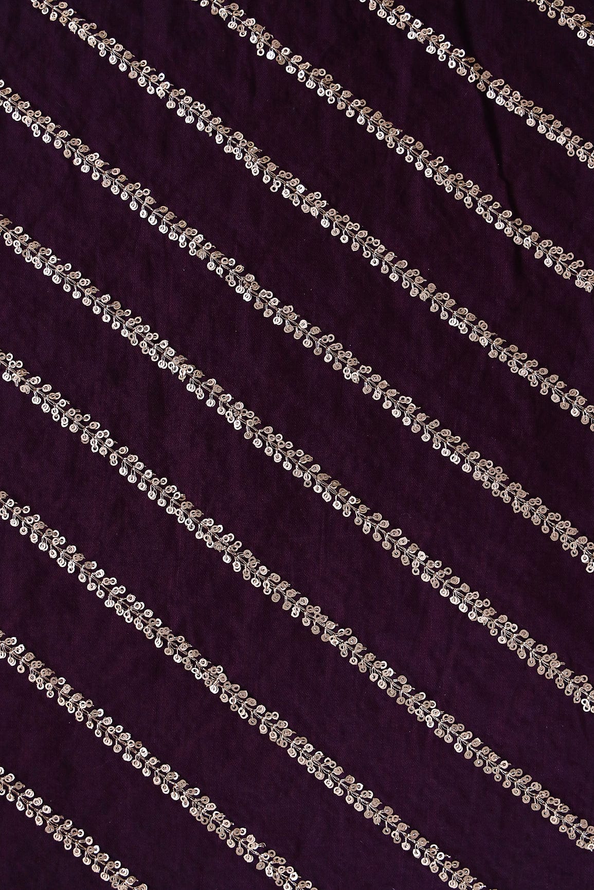 Gold Sequins With Gold Zari Stripes Embroidery Work On Wine Raw Silk Fabric - doeraa