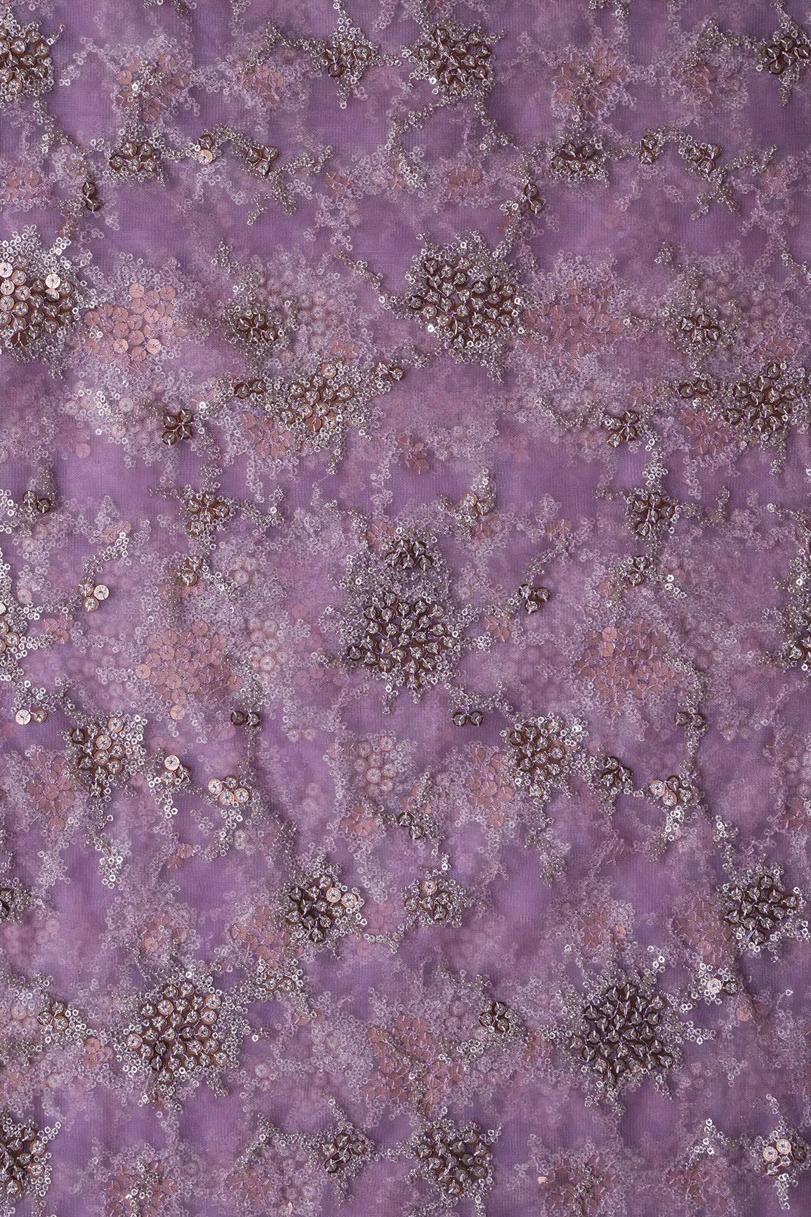 Gold Sequins With Lilac Thread Work Geometric Embroidery On Lilac Purple Soft Net Fabric - doeraa