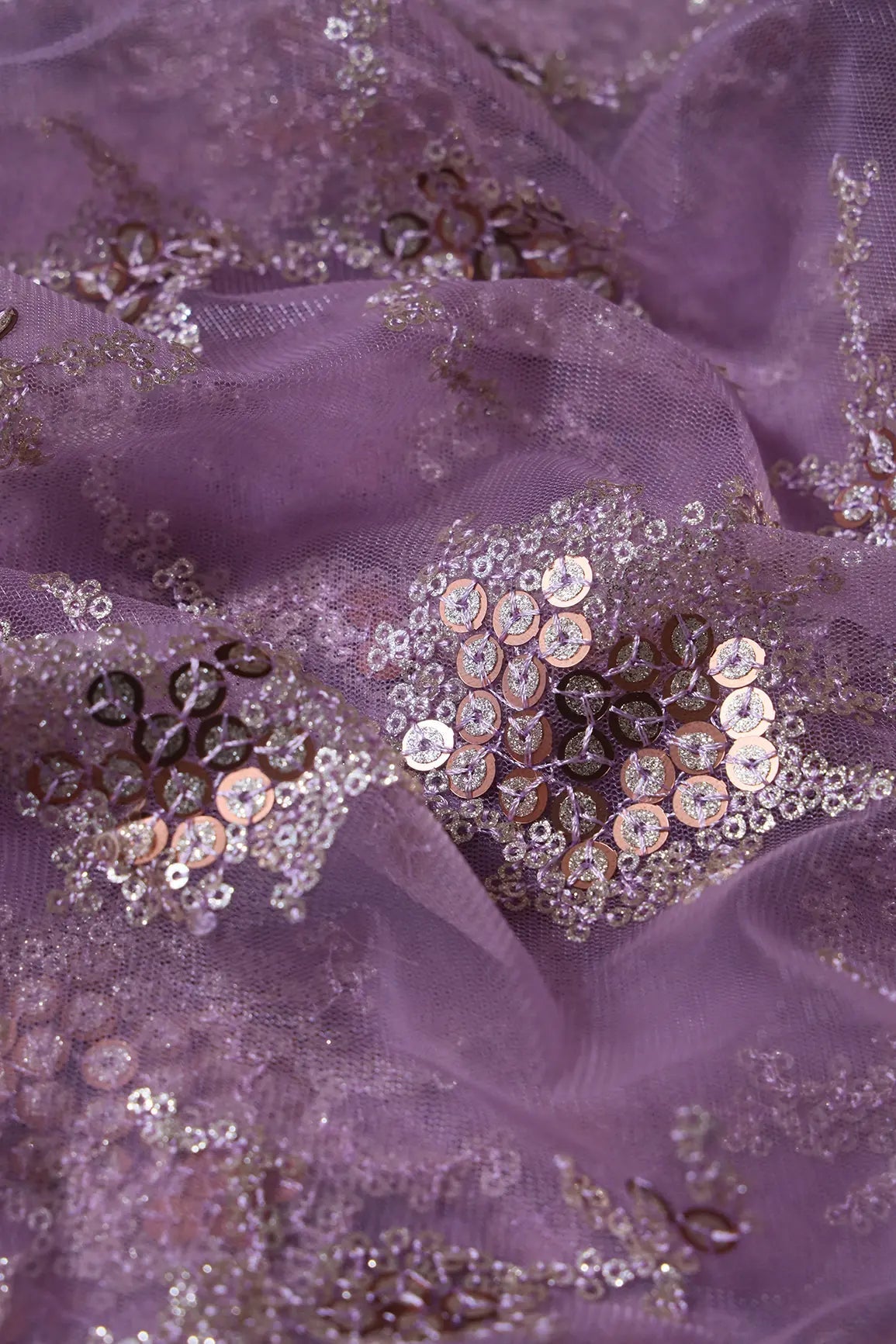 Gold Sequins With Mauve Thread Work Geometric Embroidery On Mauve Soft Net Fabric - doeraa