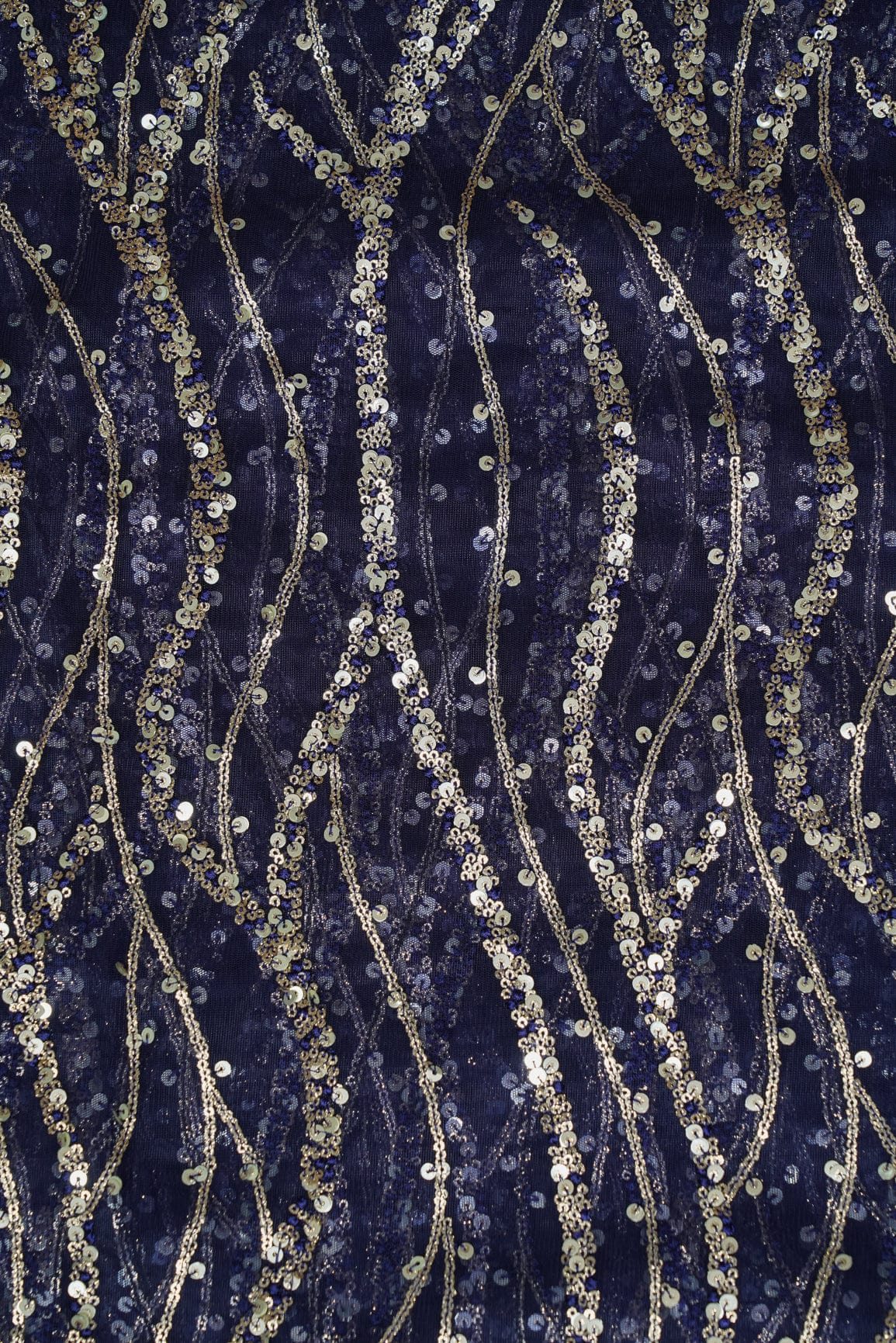 Gold Sequins With Navy Blue Thread Embroidery On Navy Blue Soft Net - doeraa