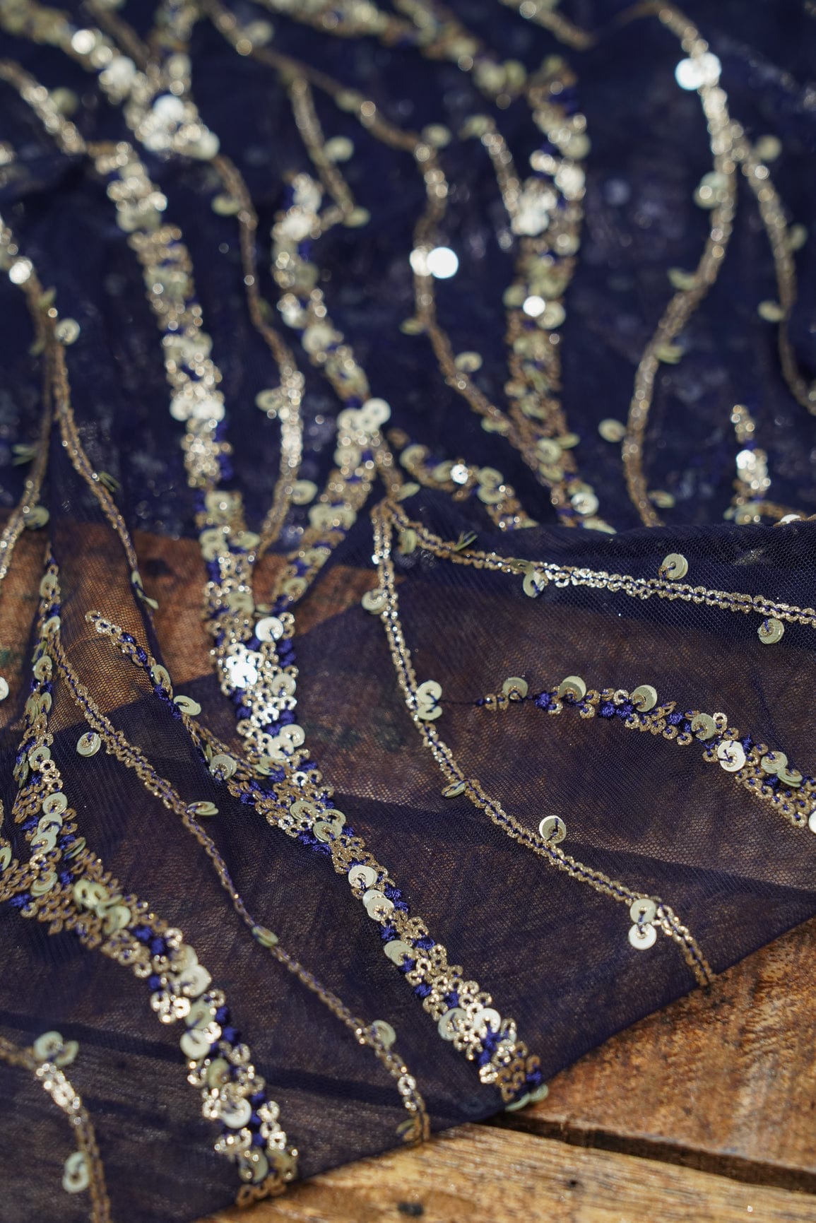 Gold Sequins With Navy Blue Thread Embroidery On Navy Blue Soft Net - doeraa