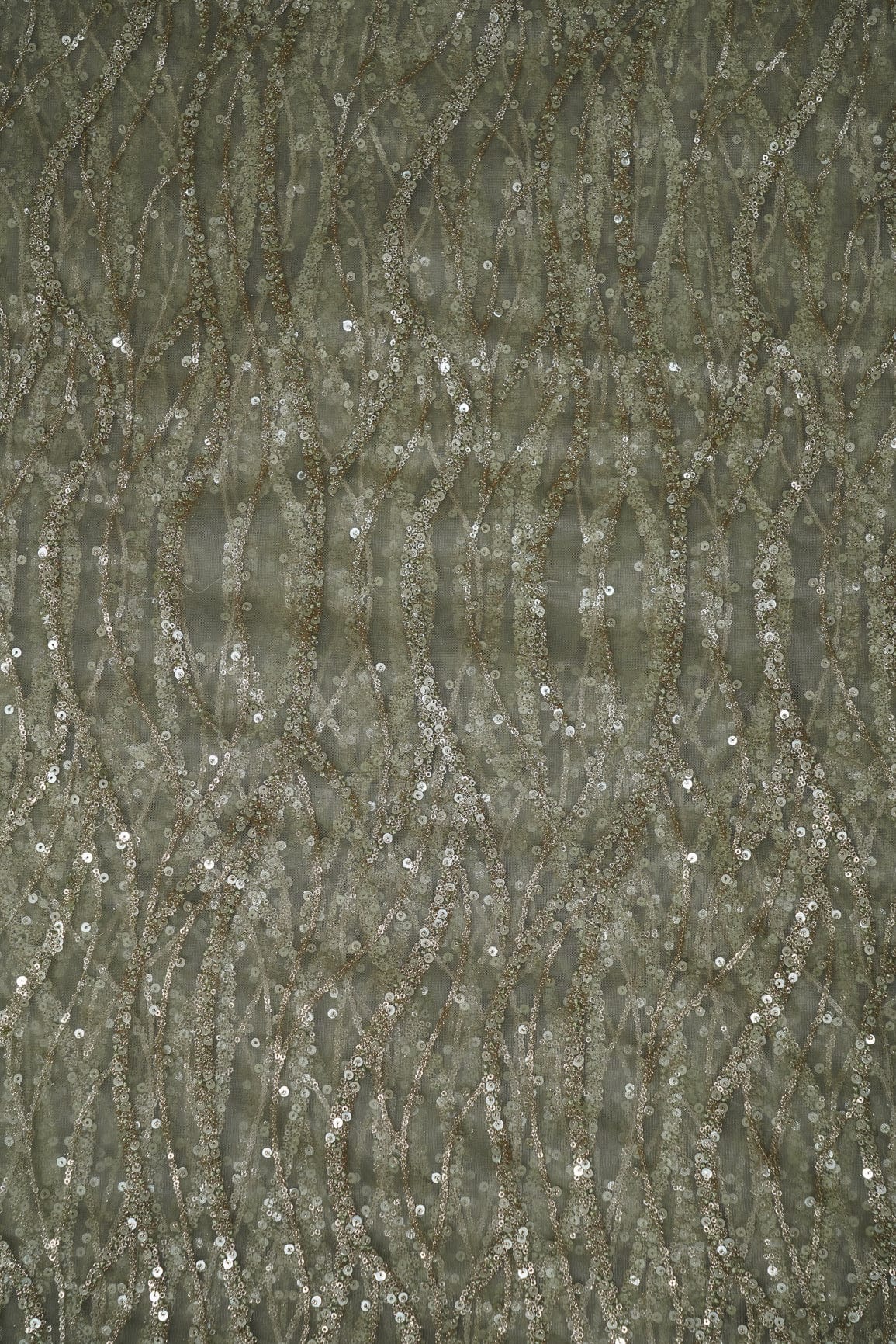Gold Sequins With Olive Thread Embroidery On Olive Soft Net - doeraa