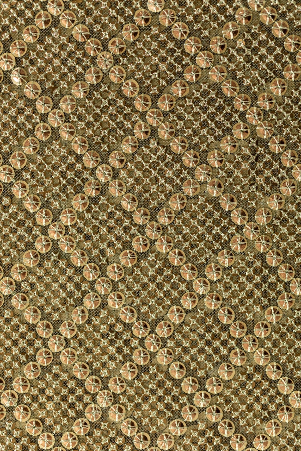 Gold Sequins With Olive Thread work Embroidery On Olive Soft Net Fabric - doeraa