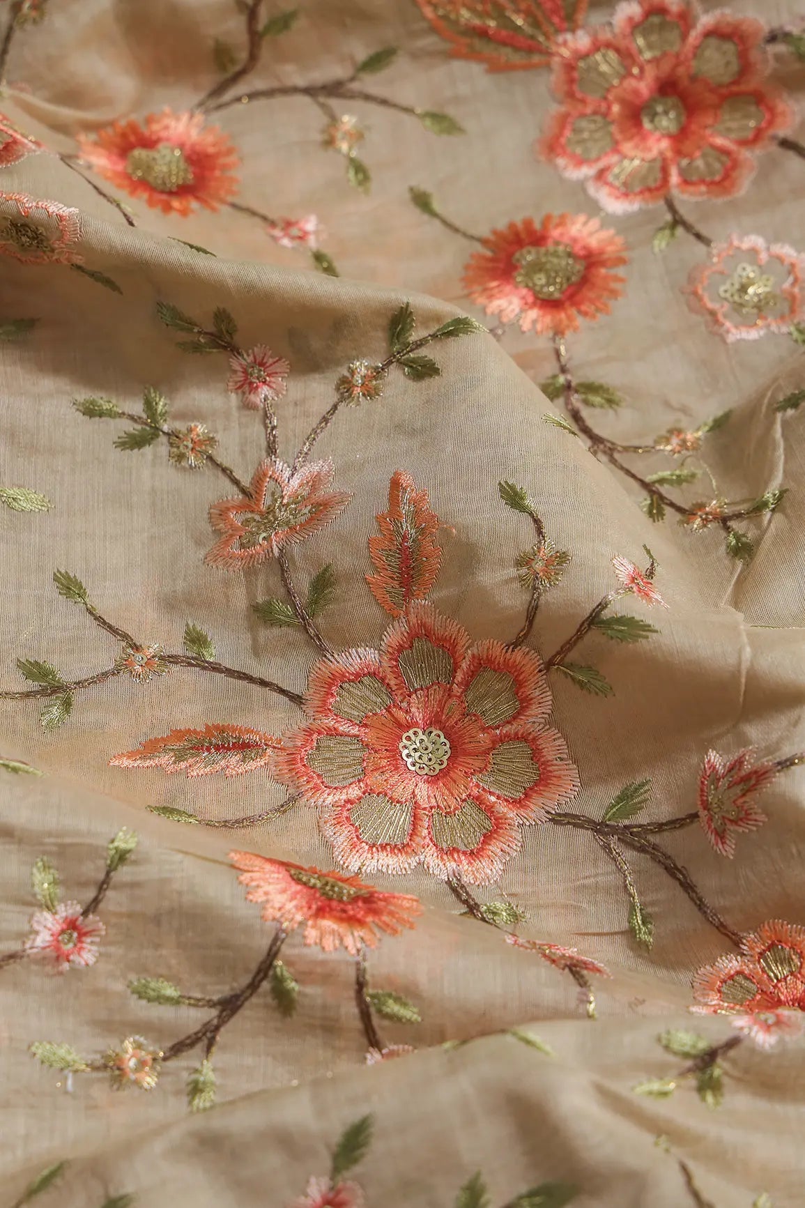 Gold Sequins With Thread Embroidery Work On Sand Beige Chanderi Fabric - doeraa