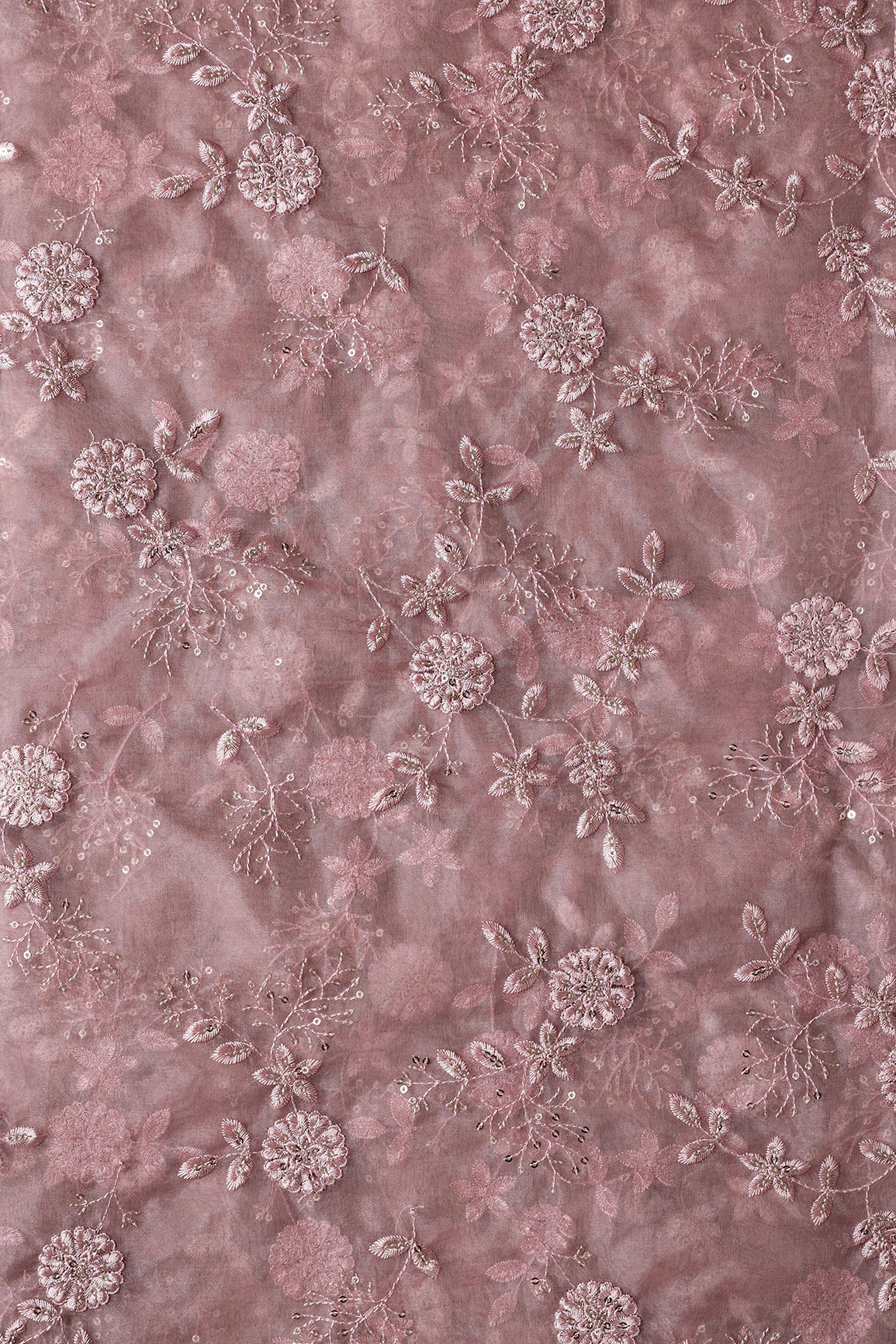 Gold Sequins With Thread Floral Embroidery On Mauve Organza Fabric - doeraa