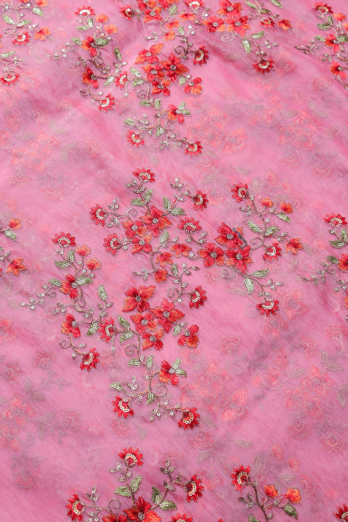 Gold Sequins With Thread Floral Embroidery On Pink Organza Fabric - doeraa