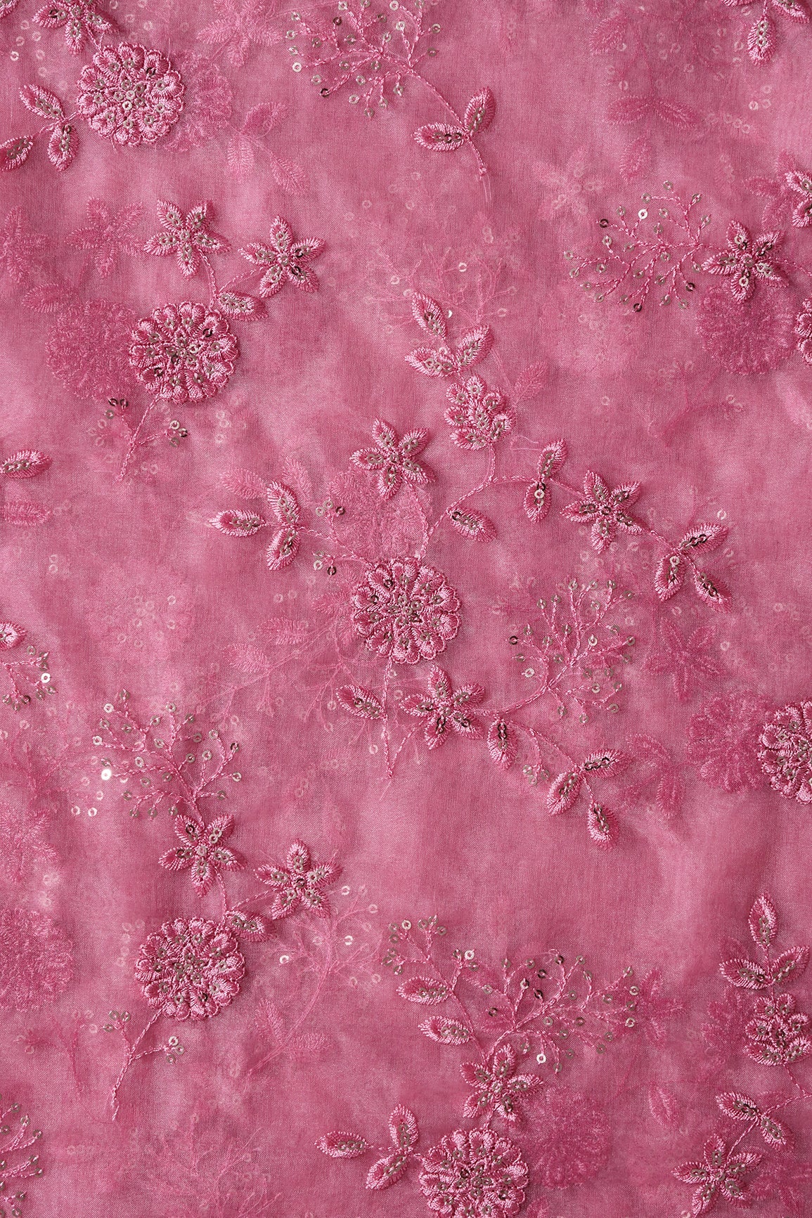 Gold Sequins With Thread Floral Embroidery On Pink Organza Fabric - doeraa