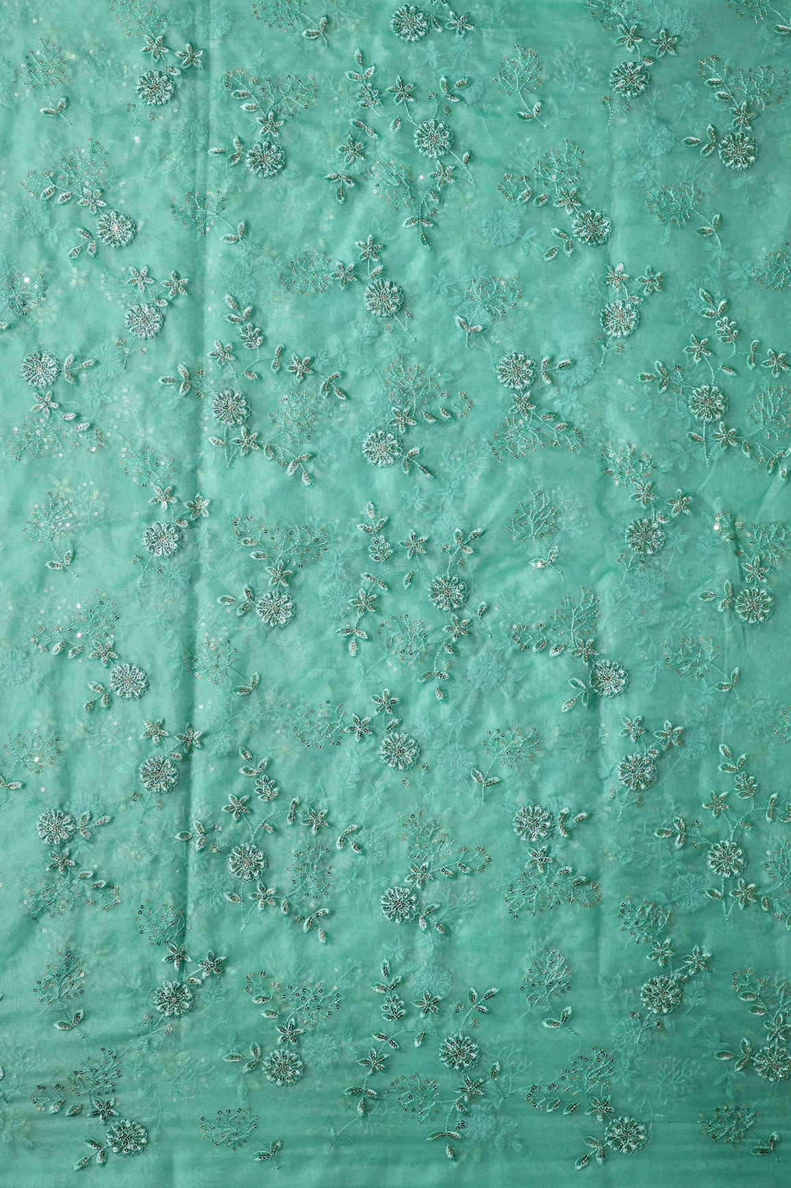 Gold Sequins With Thread Floral Embroidery On Teal Organza Fabric - doeraa