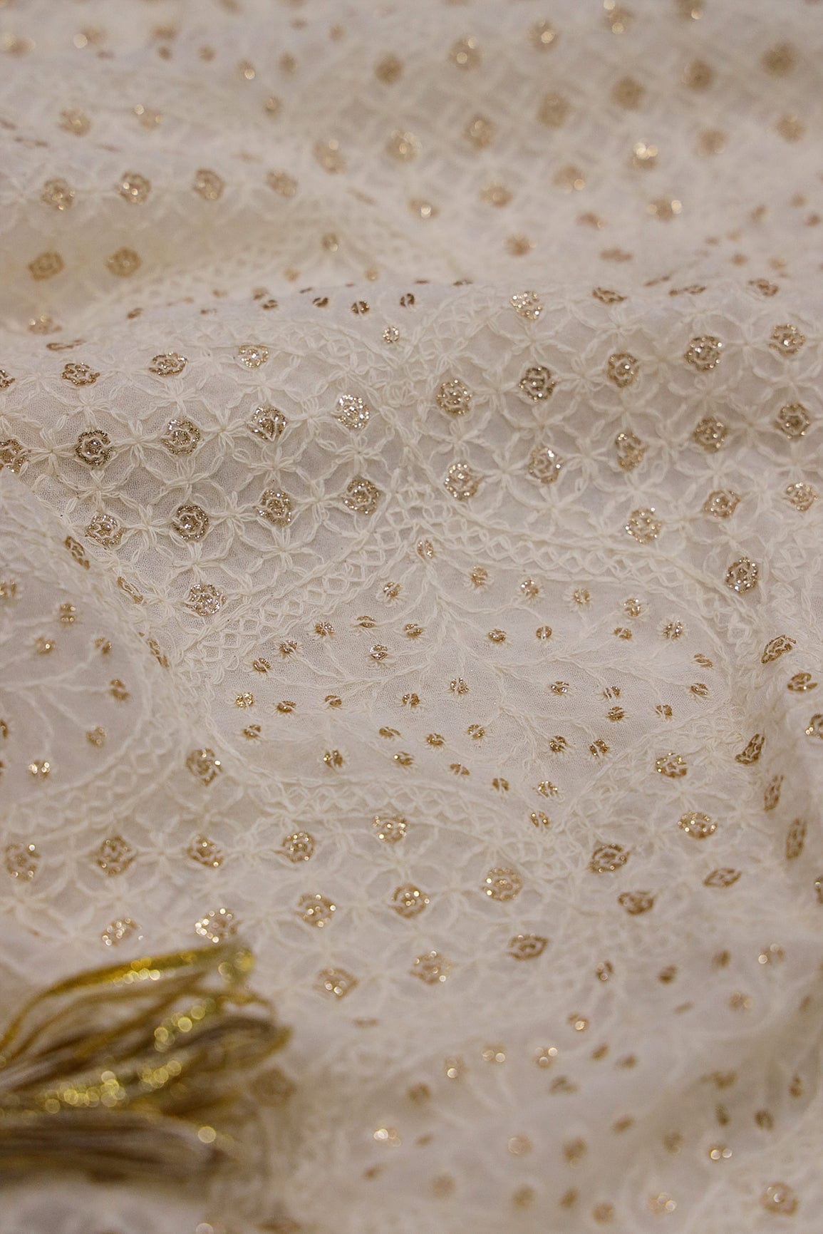 Gold Sequins With White Thread Embroidery on Dyeable Viscose Georgette Fabric - doeraa