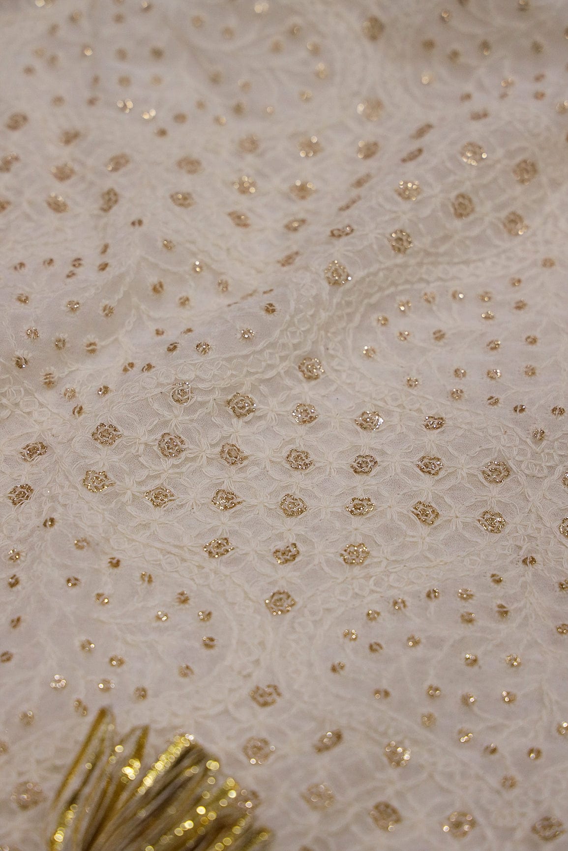 Gold Sequins With White Thread Embroidery on Dyeable Viscose Georgette Fabric - doeraa