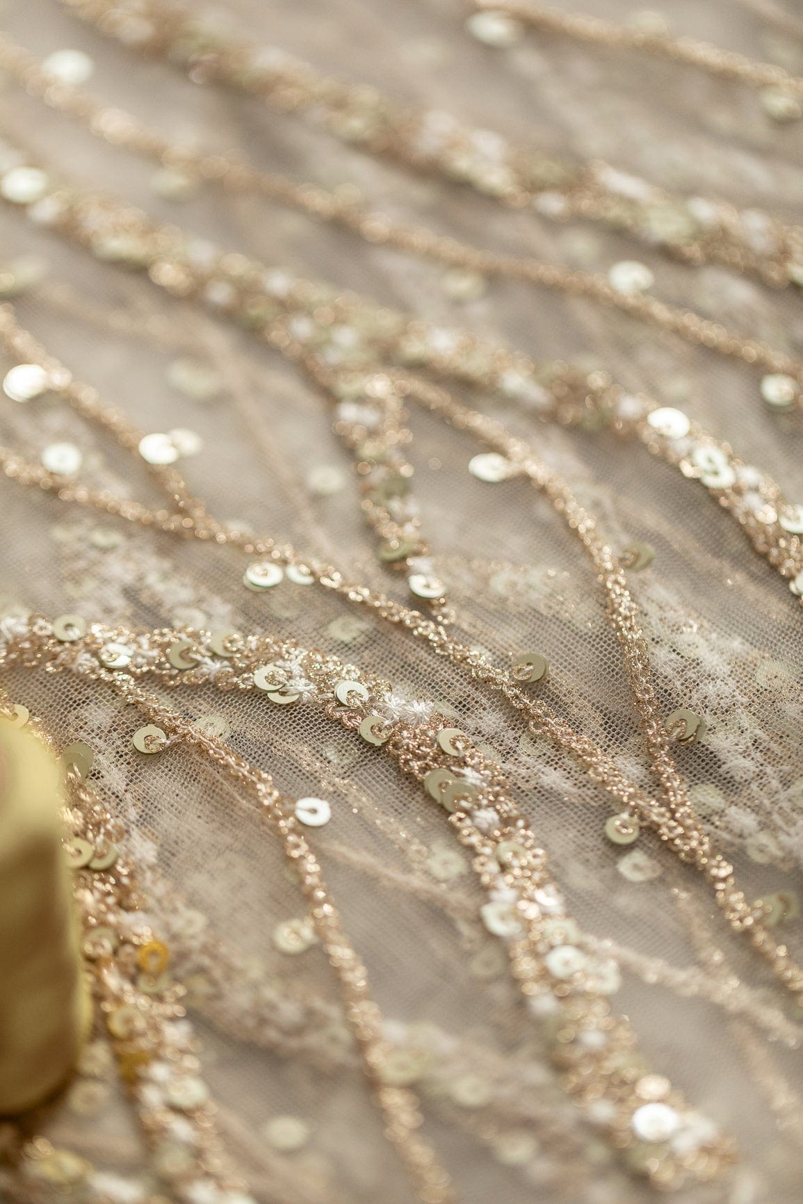 Gold Sequins With White Thread Embroidery On White Dyeable Soft Net Fabric - doeraa