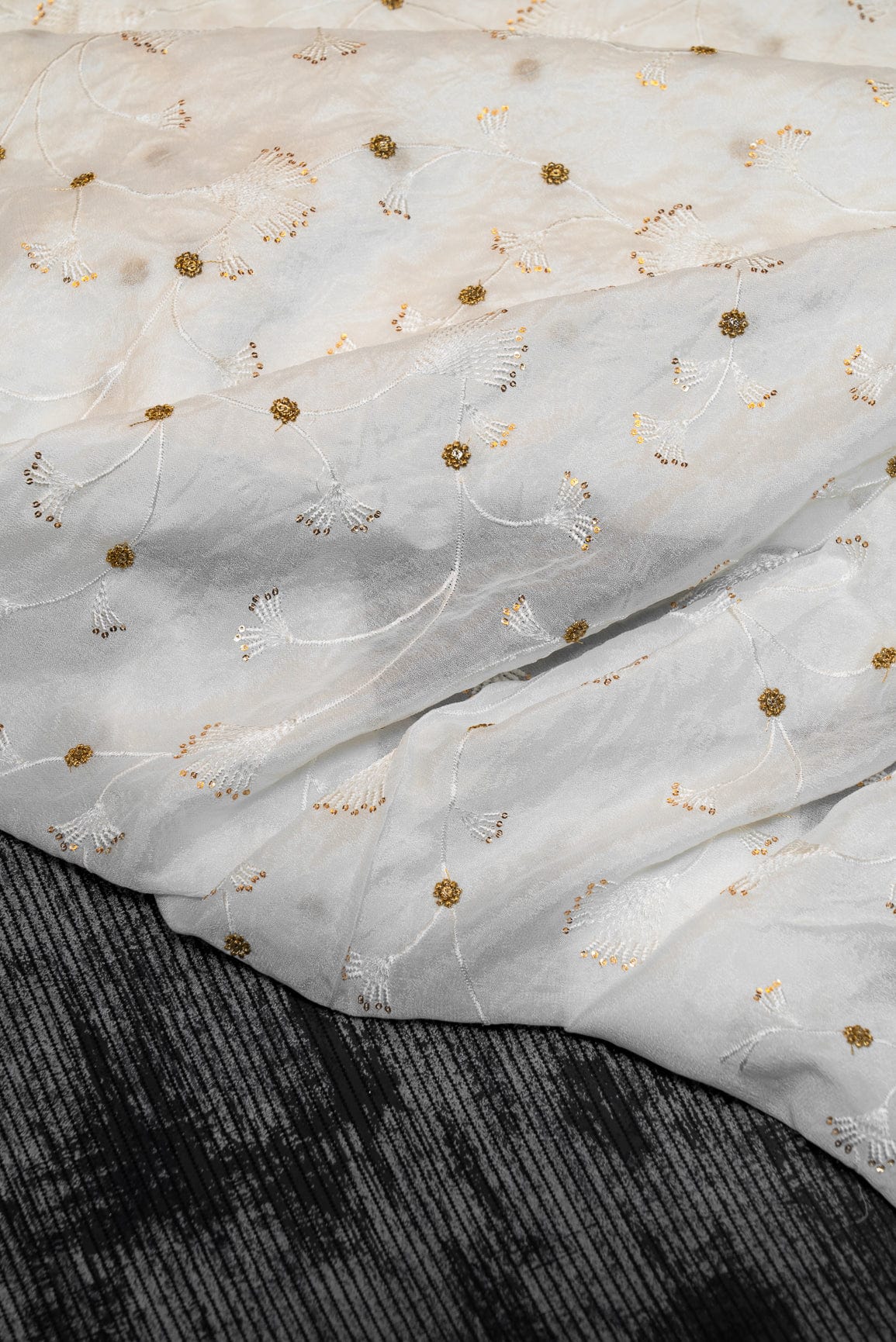 Gold Sequins With White Thread Floral Embroidery On Dyeable Natural Crepe - doeraa