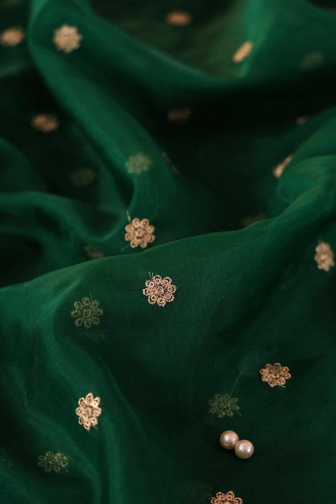 Gold Sequins with Zari Embroidery Work Bottle Green Organza Fabric - doeraa