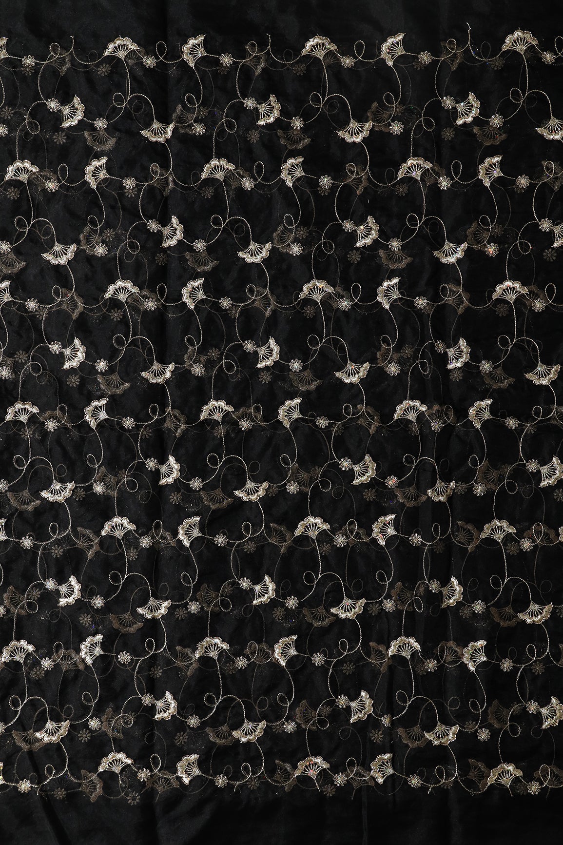 Gold Zari With Beads Beautiful Floral Embroidery On Black Organza Fabric - doeraa