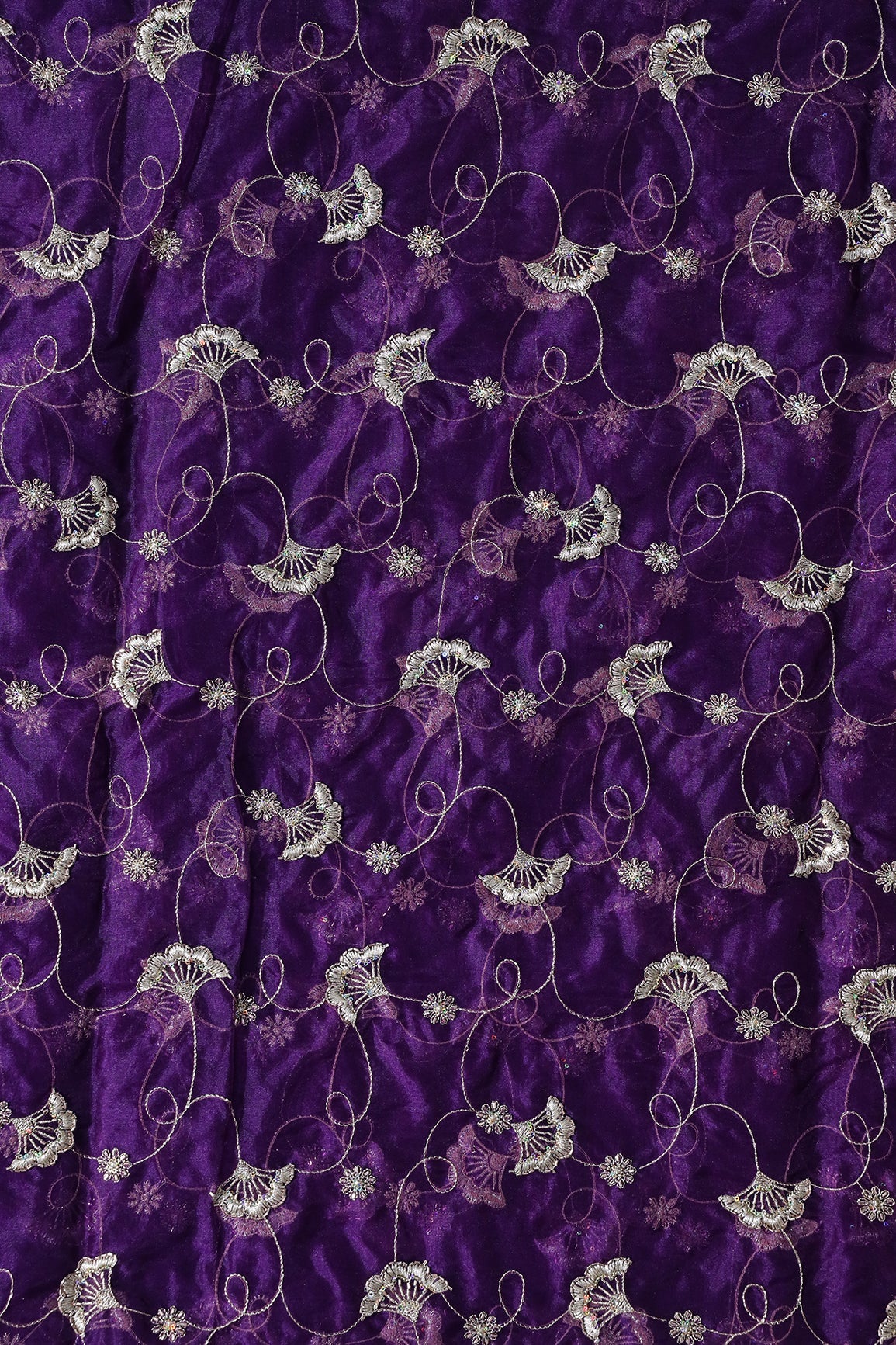 Gold Zari With Beads Beautiful Floral Embroidery On Purple Organza Fabric - doeraa