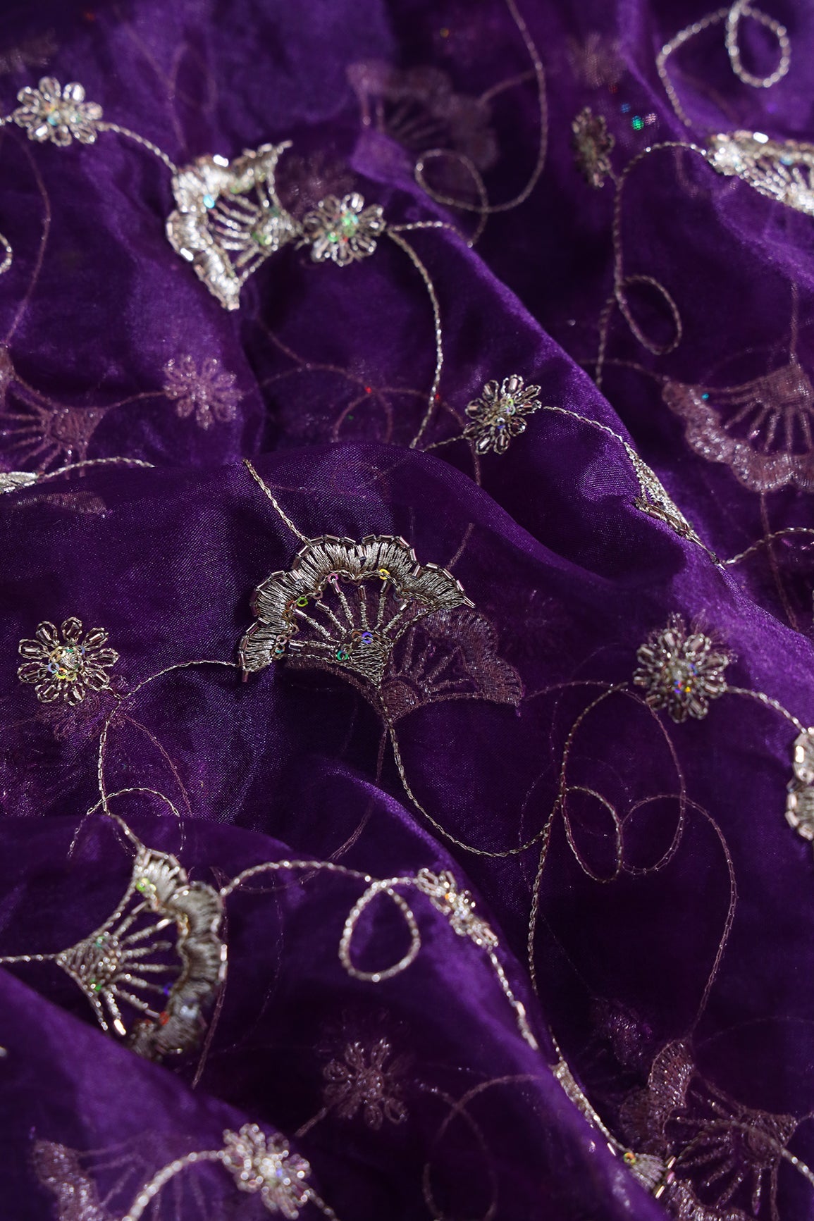 Gold Zari With Beads Beautiful Floral Embroidery On Purple Organza Fabric - doeraa