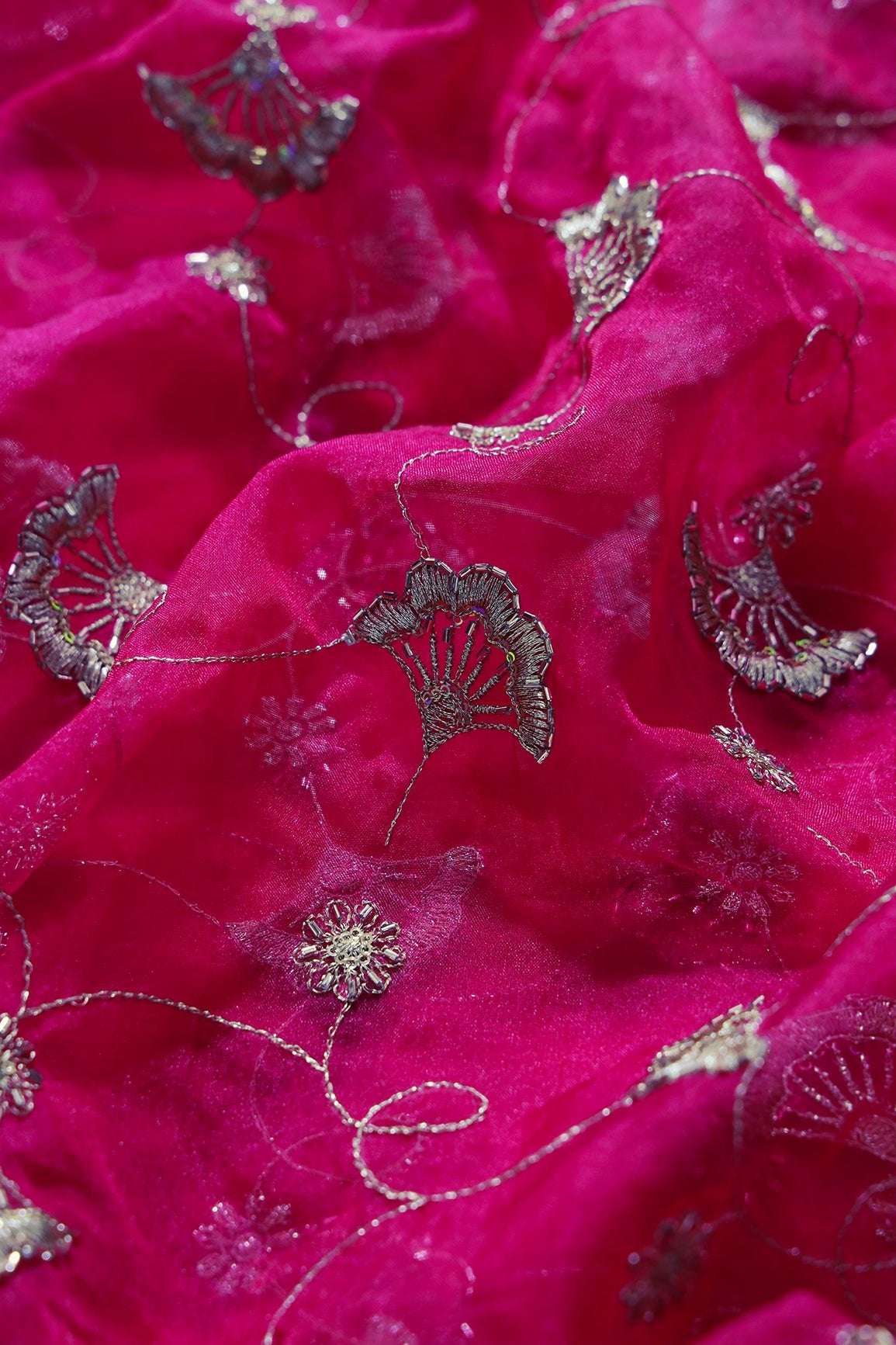 Gold Zari With Beads Beautiful Floral Embroidery On Rani Organza Fabric - doeraa