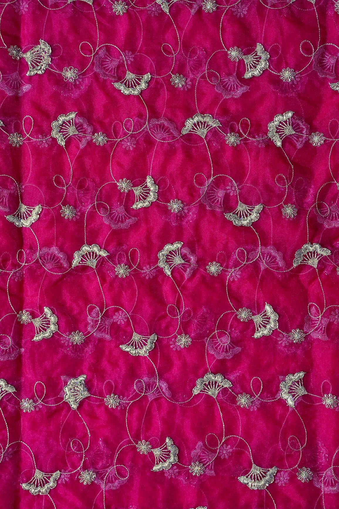 Gold Zari With Beads Beautiful Floral Embroidery On Rani Organza Fabric - doeraa