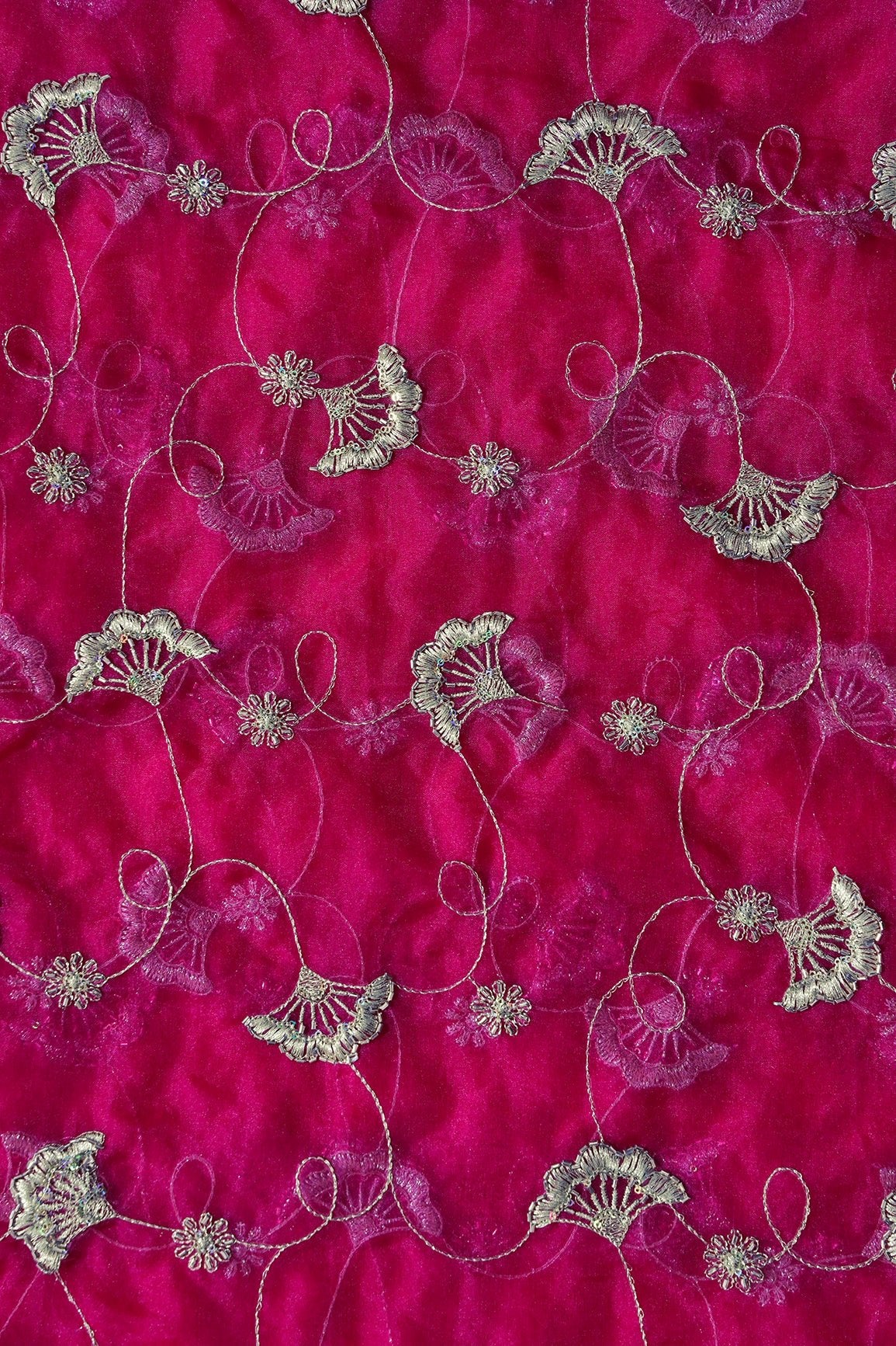 Gold Zari With Beads Beautiful Floral Embroidery On Rani Organza Fabric - doeraa