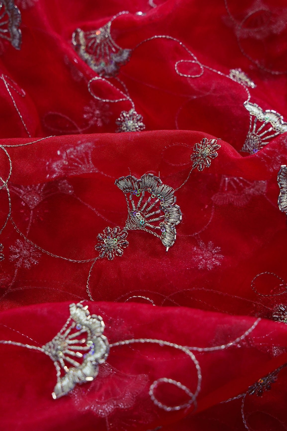 Gold Zari With Beads Beautiful Floral Embroidery On Red Organza Fabric - doeraa