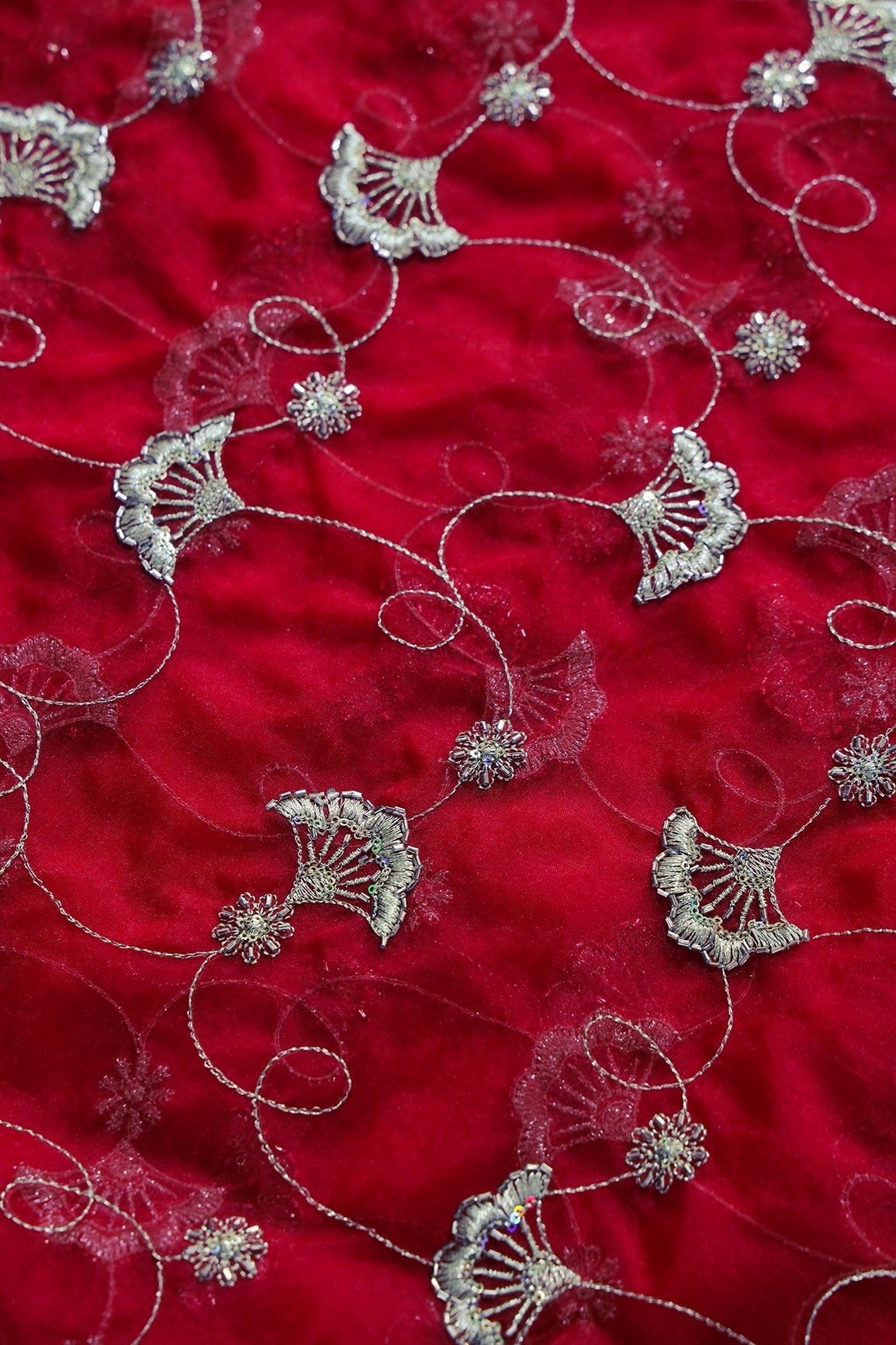 Gold Zari With Beads Beautiful Floral Embroidery On Red Organza Fabric - doeraa