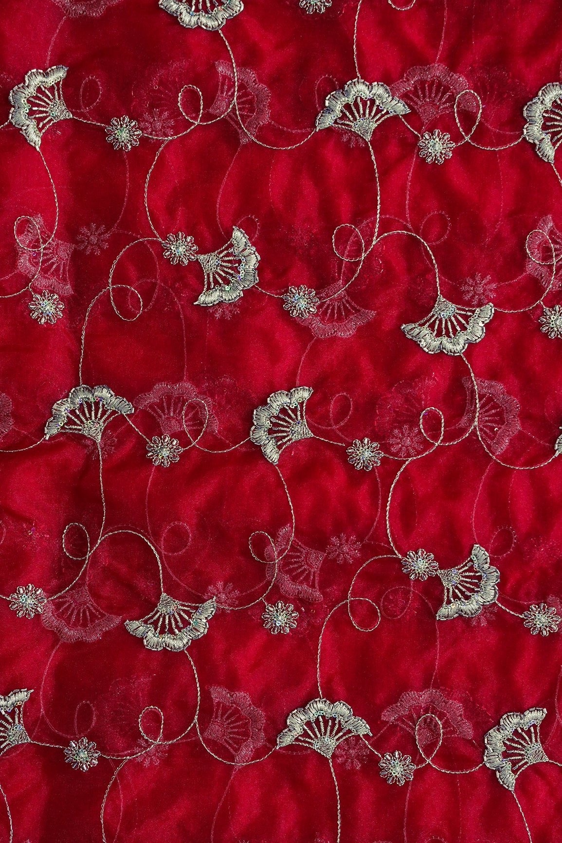 Gold Zari With Beads Beautiful Floral Embroidery On Red Organza Fabric - doeraa
