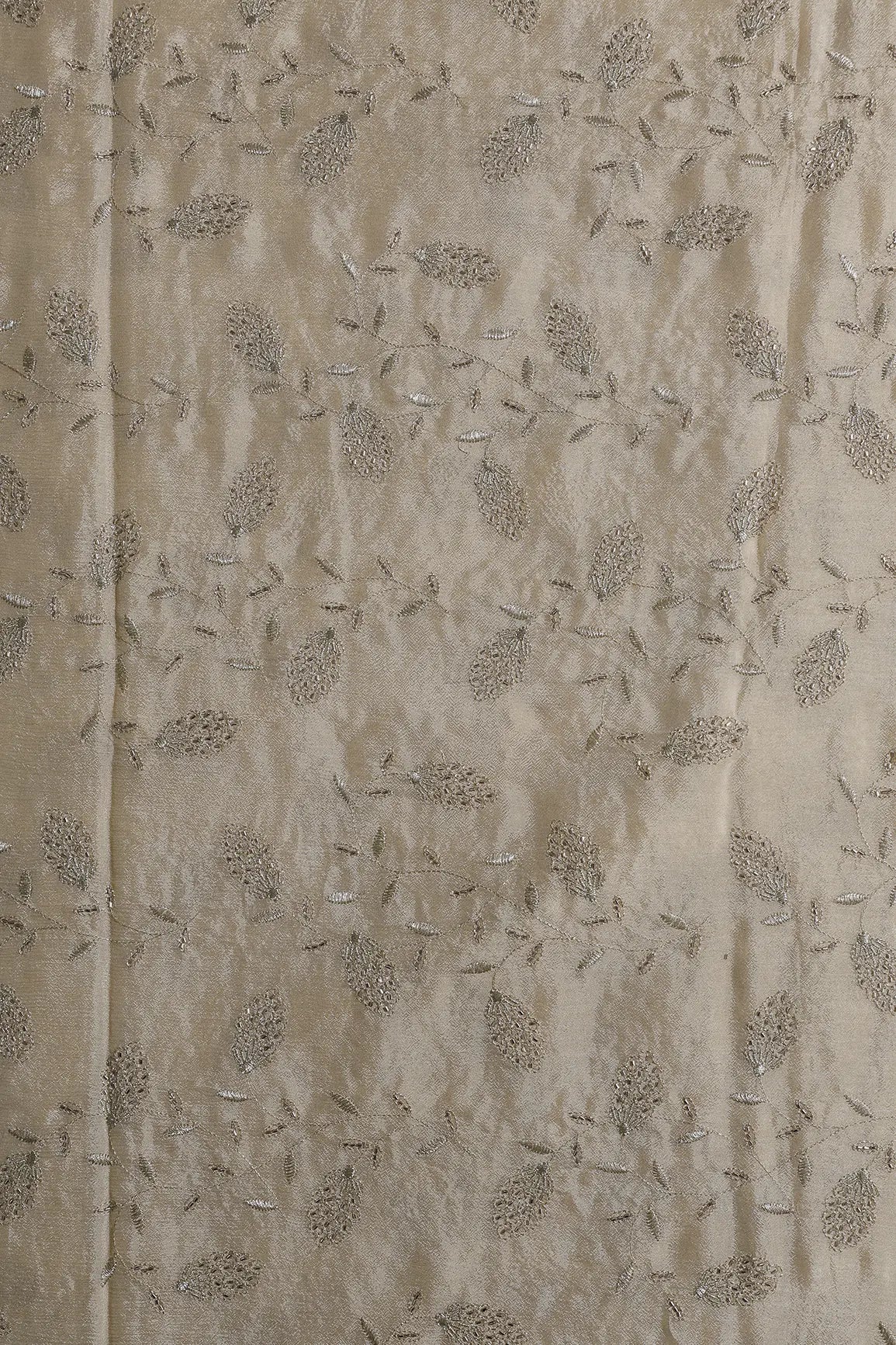 Gold Zari With Beads Leafy Embroidery Work On Beige Chinnon Chiffon Fabric - doeraa
