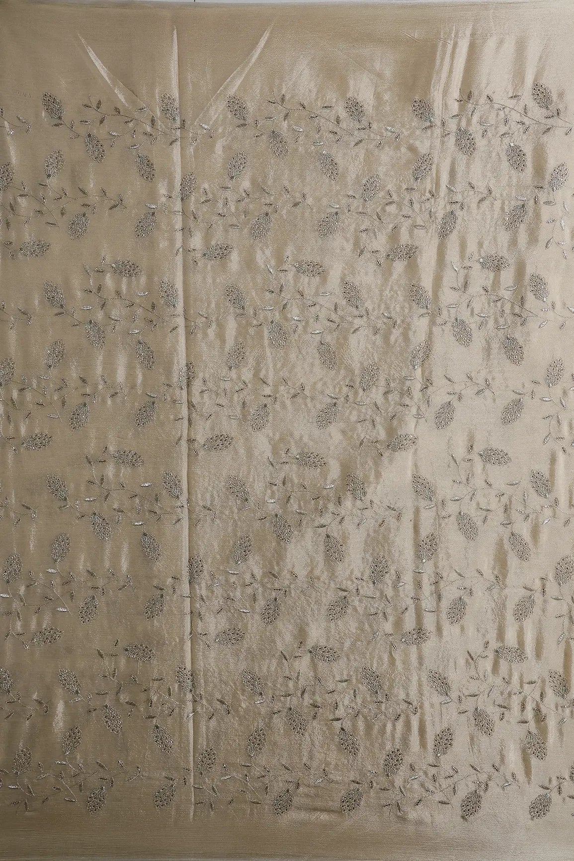 Gold Zari With Beads Leafy Embroidery Work On Beige Chinnon Chiffon Fabric - doeraa
