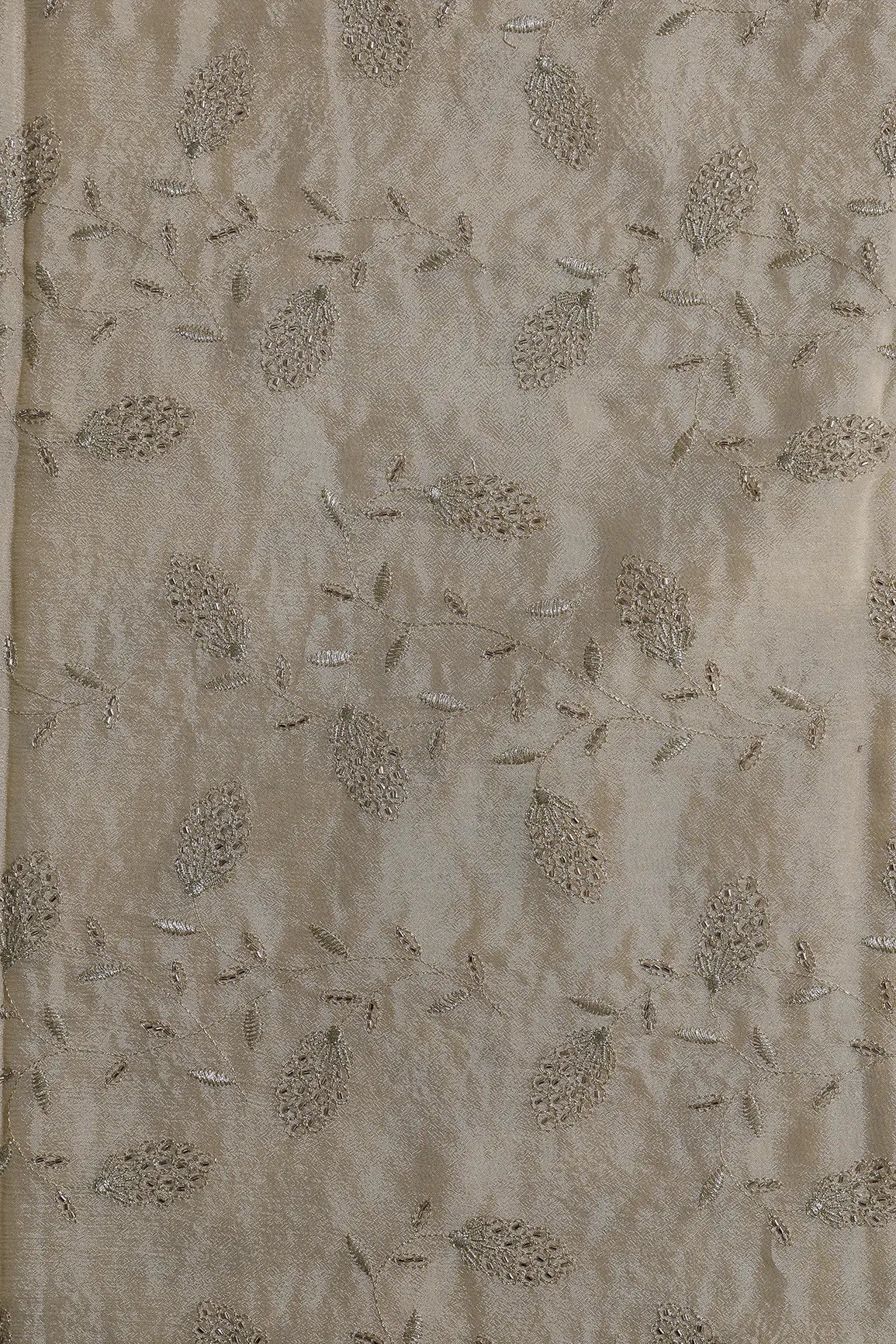Gold Zari With Beads Leafy Embroidery Work On Beige Chinnon Chiffon Fabric - doeraa