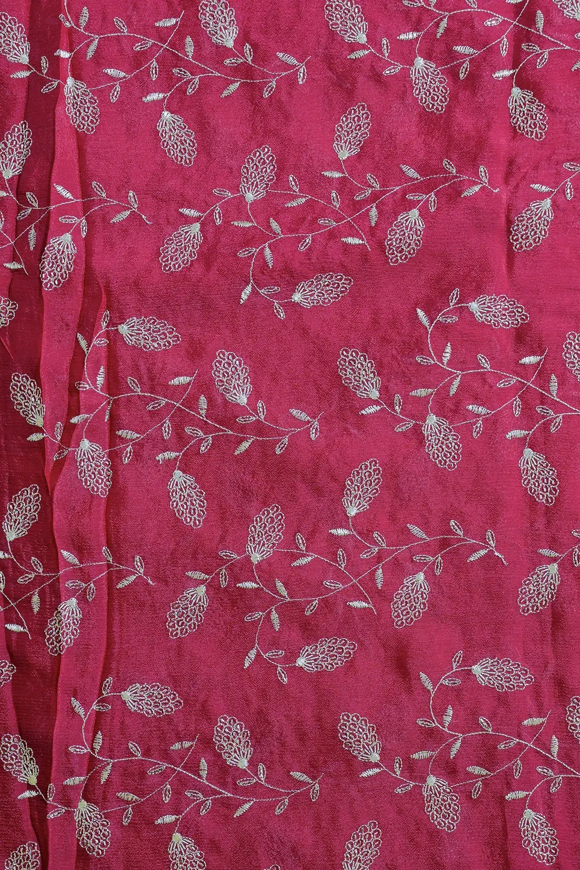 Gold Zari With Beads Leafy Embroidery Work On Cherry Red Chinnon Chiffon Fabric - doeraa