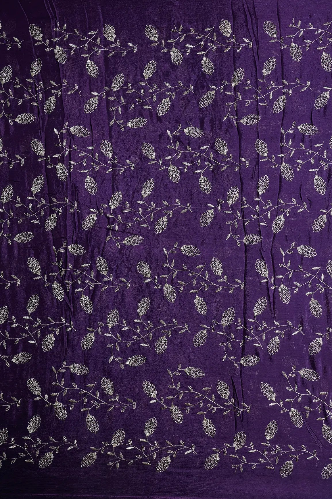 Gold Zari With Beads Leafy Embroidery Work On Dark Purple Chinnon Chiffon Fabric - doeraa