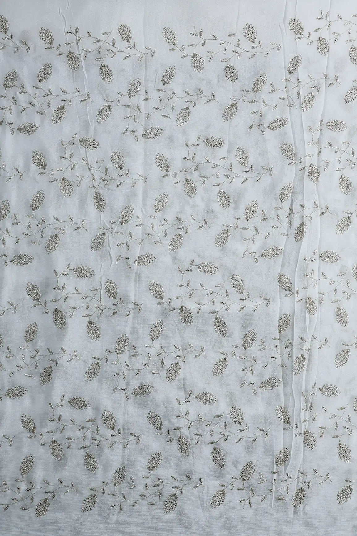 Gold Zari With Beads Leafy Embroidery Work On Dyeable White Chinnon Chiffon Fabric - doeraa