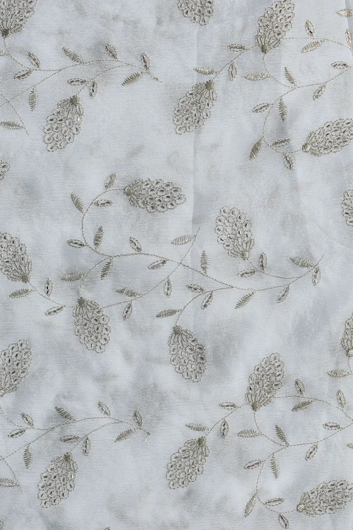 Gold Zari With Beads Leafy Embroidery Work On Dyeable White Chinnon Chiffon Fabric - doeraa