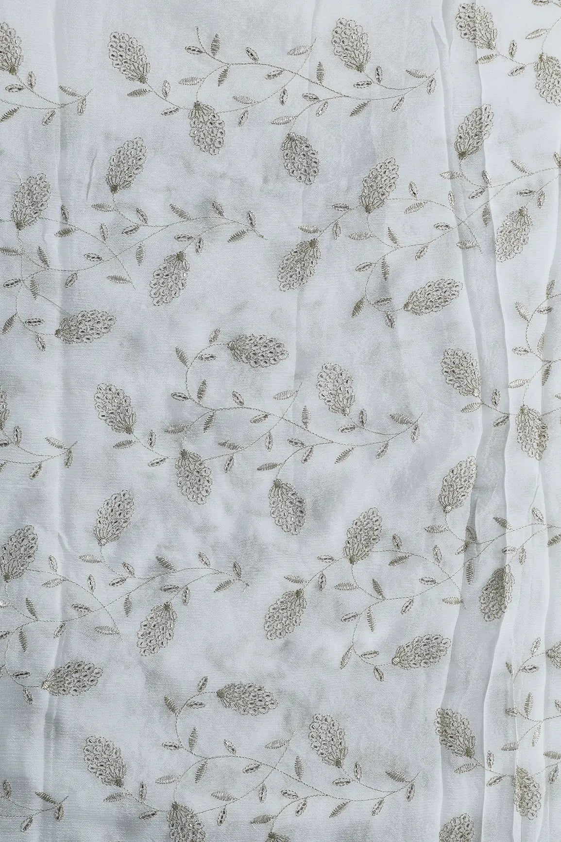 Gold Zari With Beads Leafy Embroidery Work On Dyeable White Chinnon Chiffon Fabric - doeraa