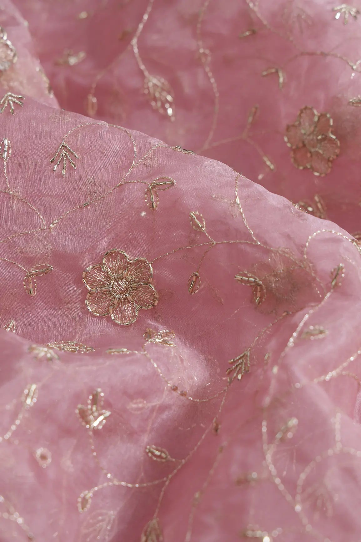 Gold Zari With Beads Leafy Embroidery Work On Gajri Organza Fabric - doeraa