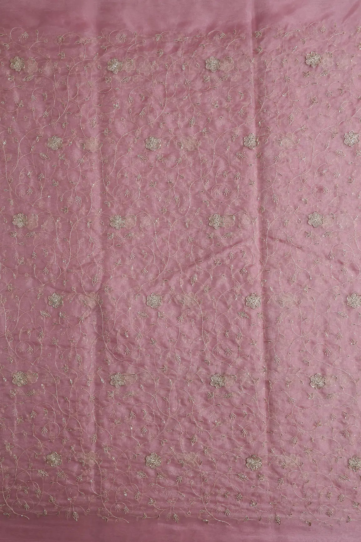 Gold Zari With Beads Leafy Embroidery Work On Gajri Organza Fabric - doeraa