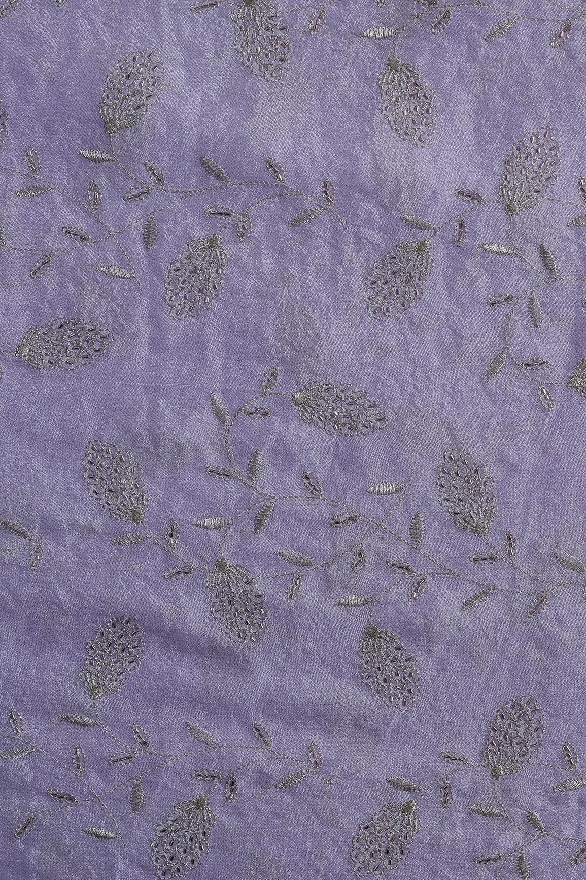 Gold Zari With Beads Leafy Embroidery Work On Lavender Chinnon Chiffon Fabric - doeraa
