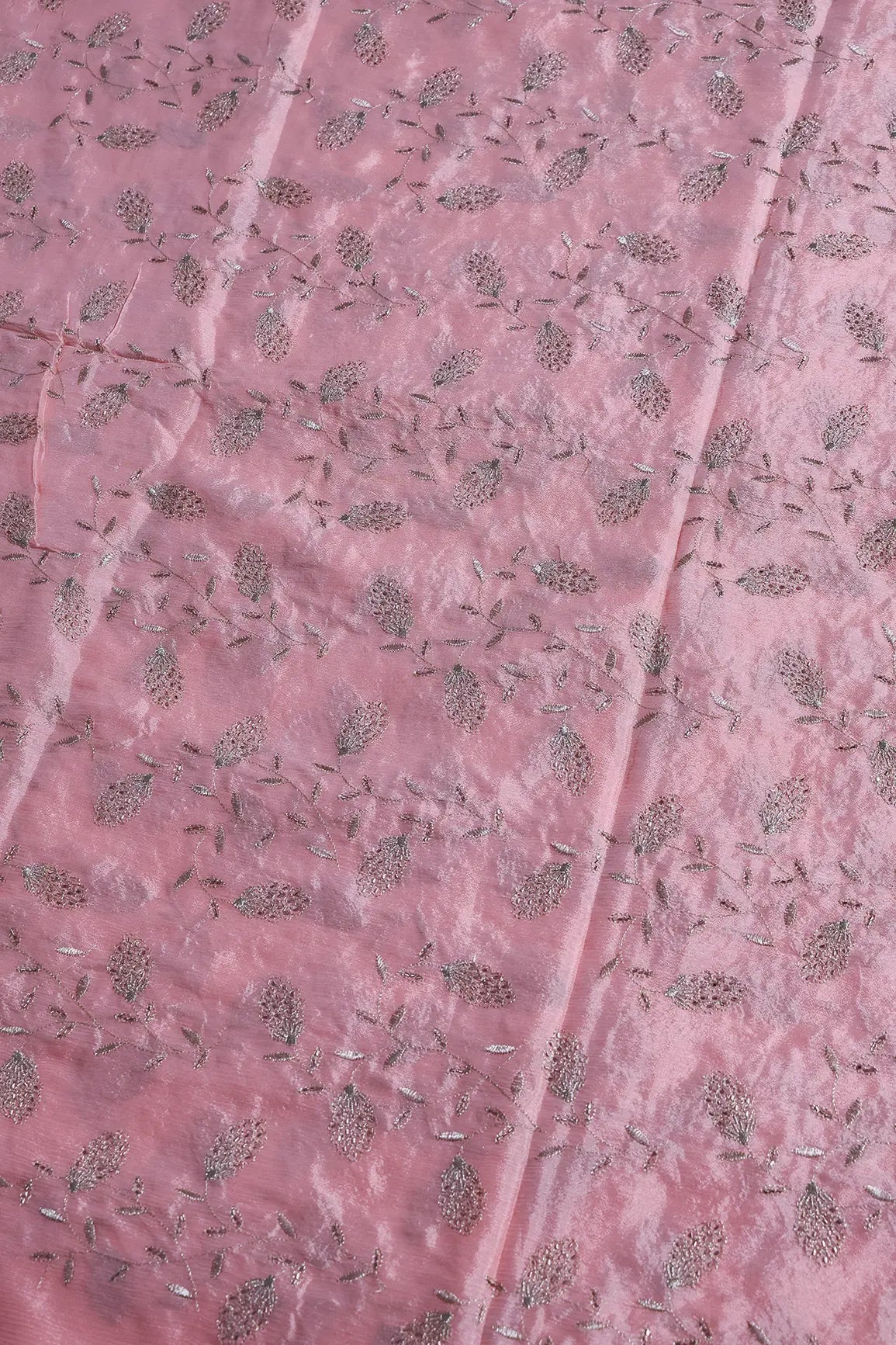 Gold Zari With Beads Leafy Embroidery Work On Light Pink Chinnon Chiffon Fabric - doeraa