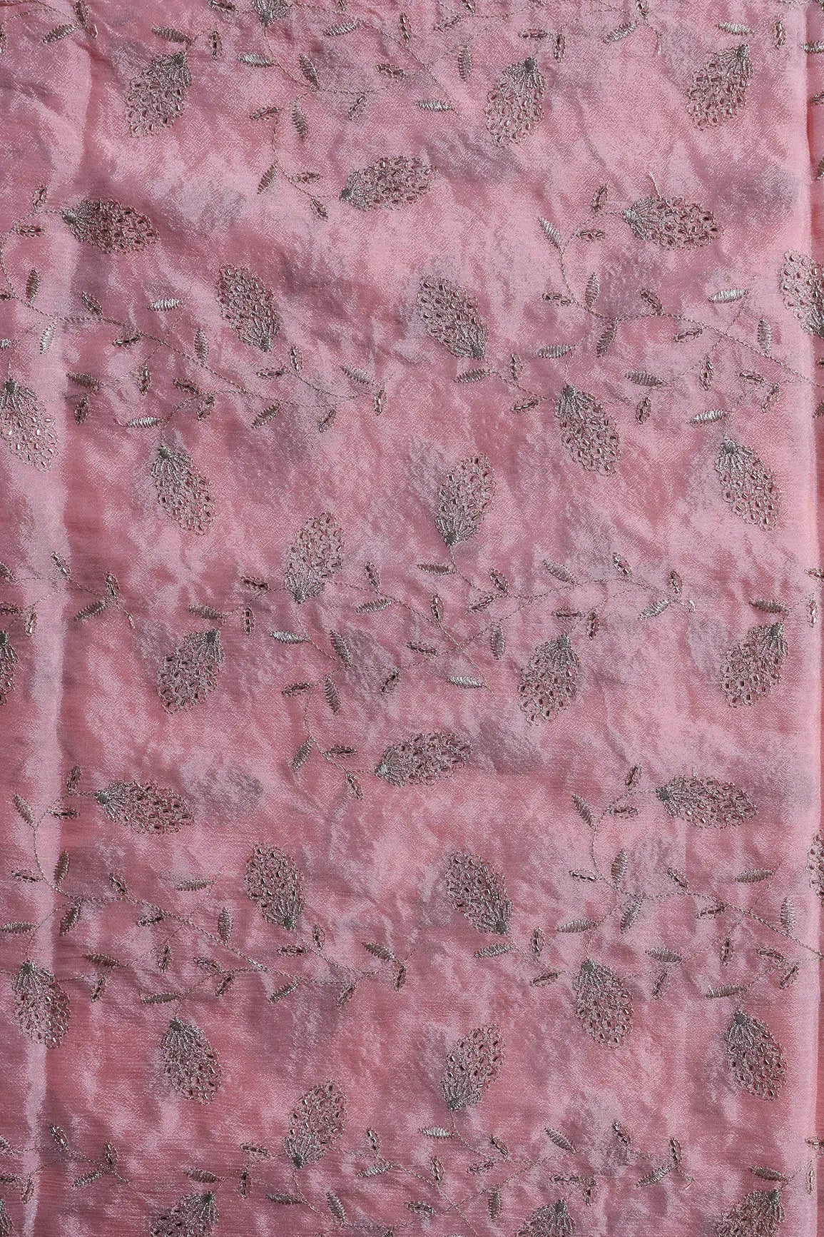 Gold Zari With Beads Leafy Embroidery Work On Light Pink Chinnon Chiffon Fabric - doeraa