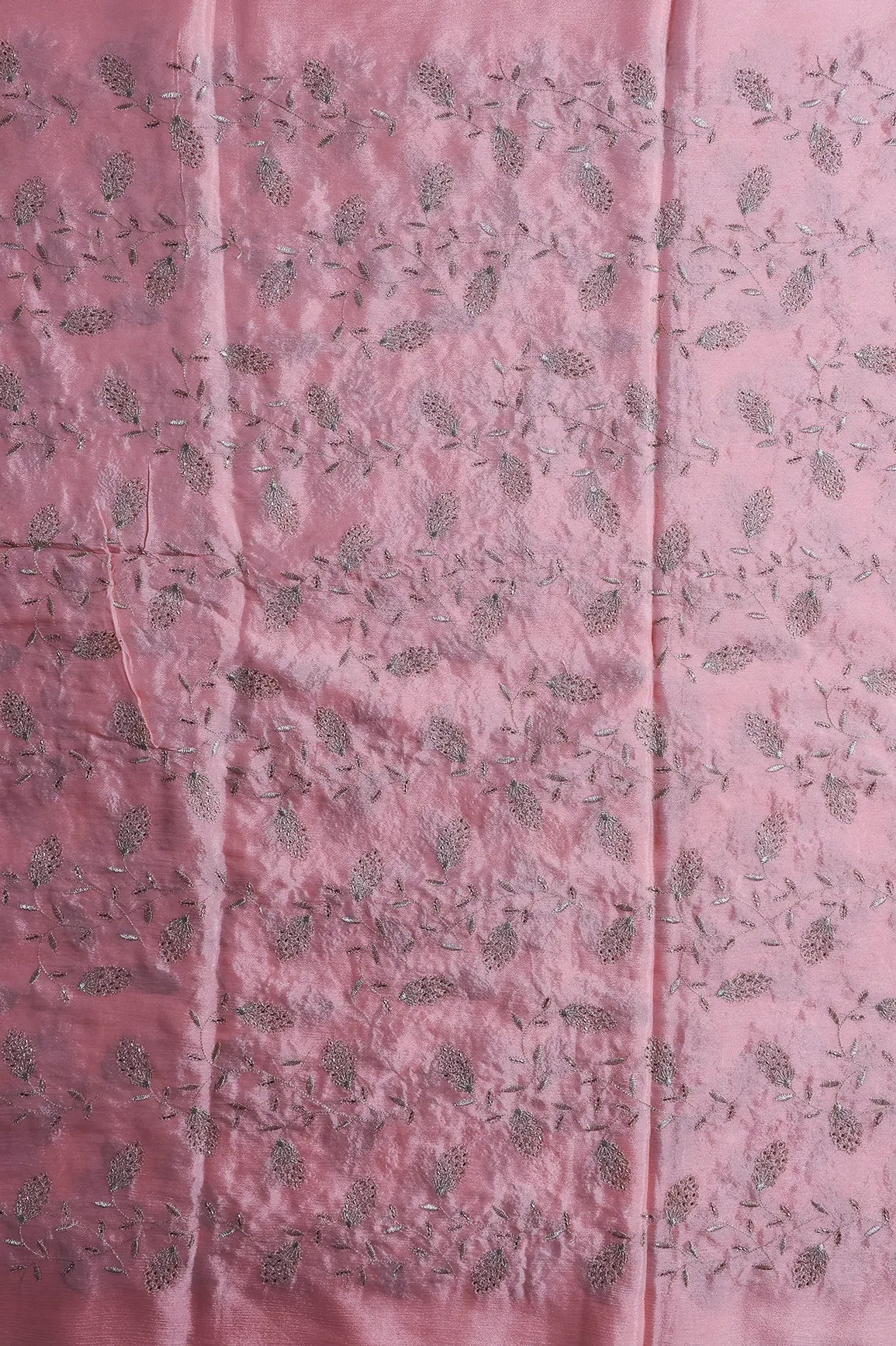 Gold Zari With Beads Leafy Embroidery Work On Light Pink Chinnon Chiffon Fabric - doeraa
