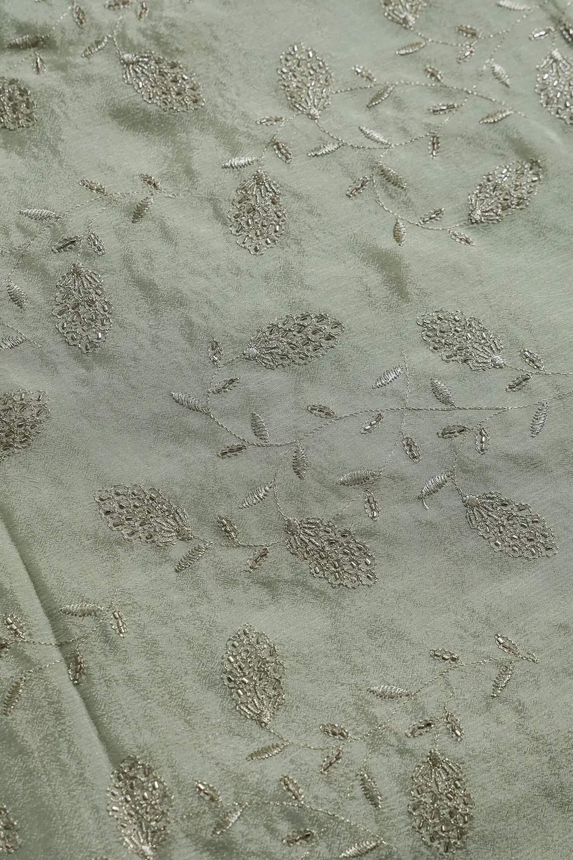 Gold Zari With Beads Leafy Embroidery Work On Olive Chinnon Chiffon Fabric - doeraa