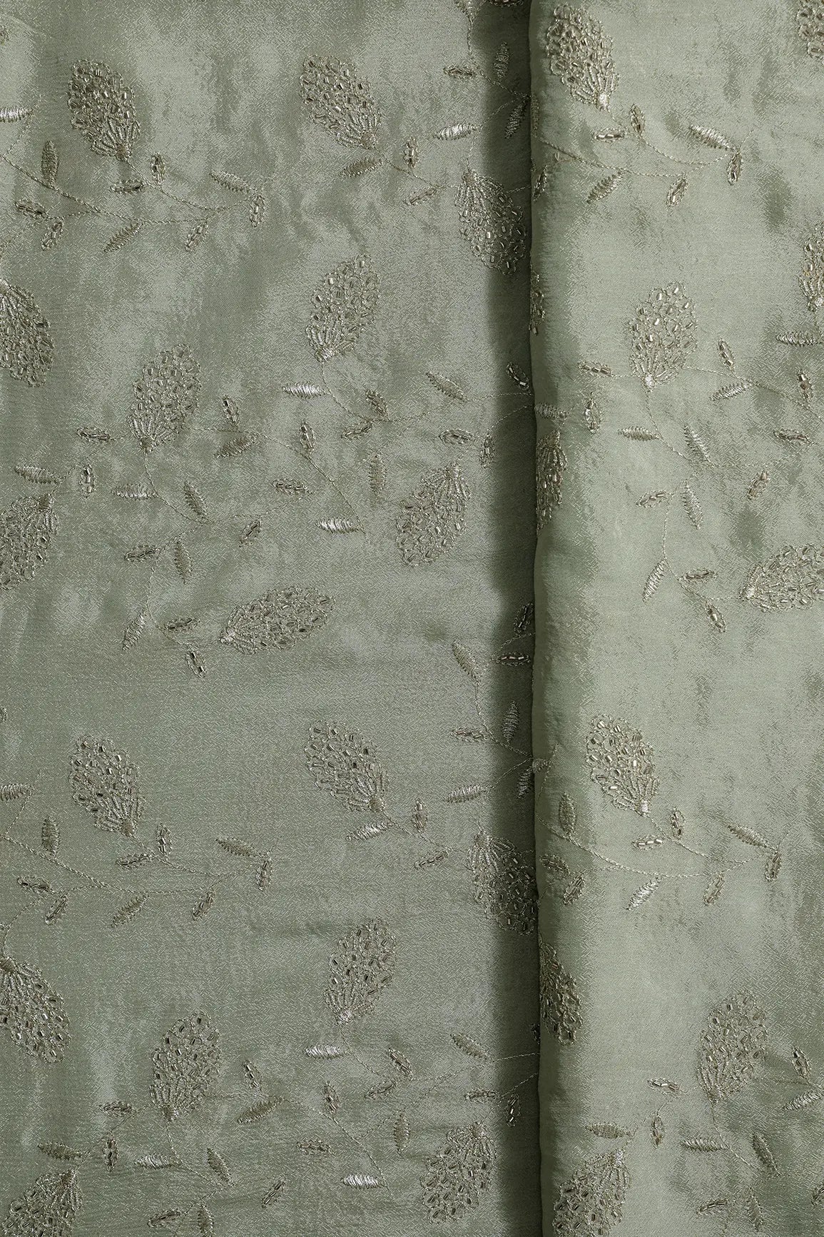 Gold Zari With Beads Leafy Embroidery Work On Olive Chinnon Chiffon Fabric - doeraa