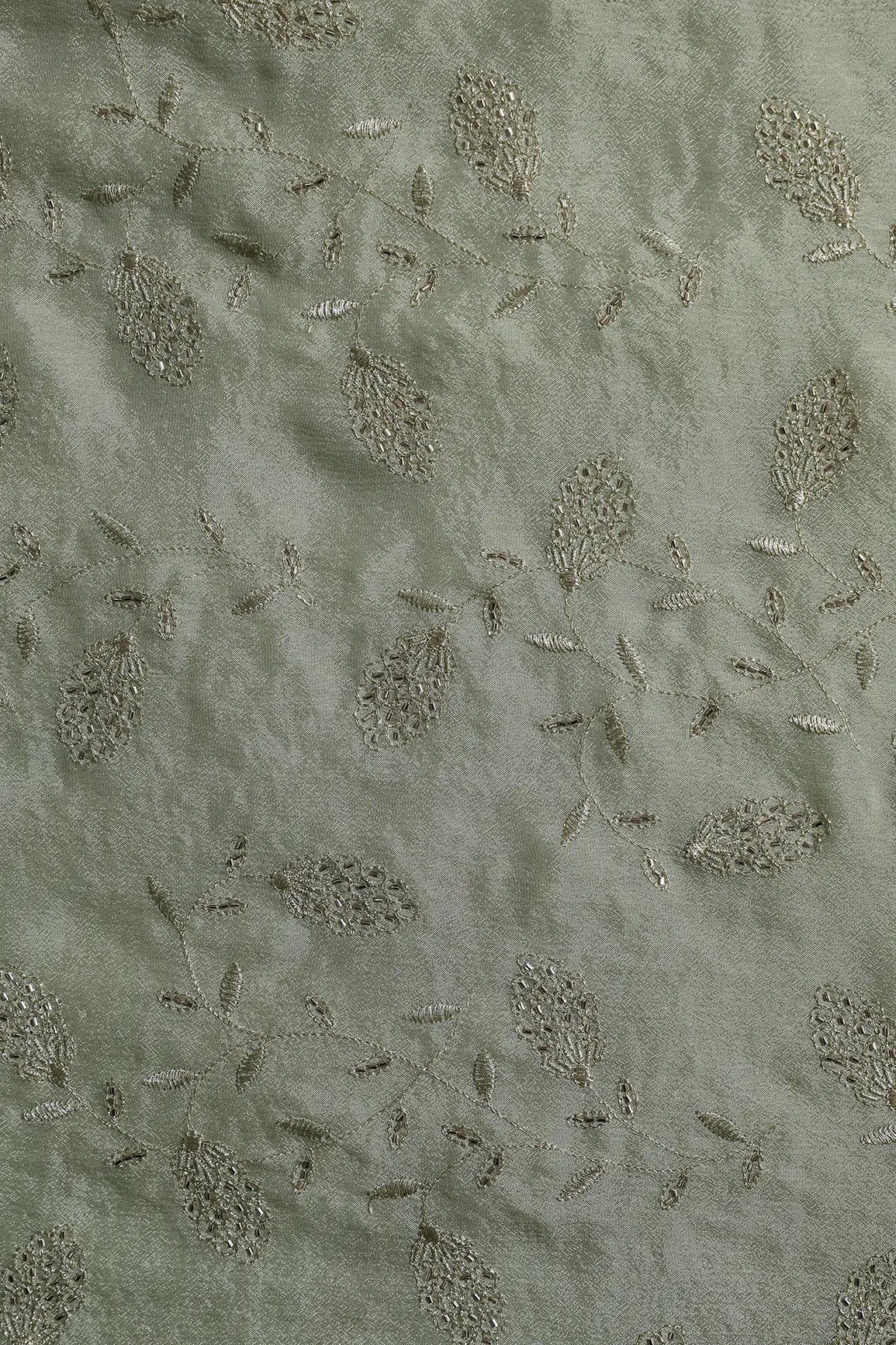 Gold Zari With Beads Leafy Embroidery Work On Olive Chinnon Chiffon Fabric - doeraa