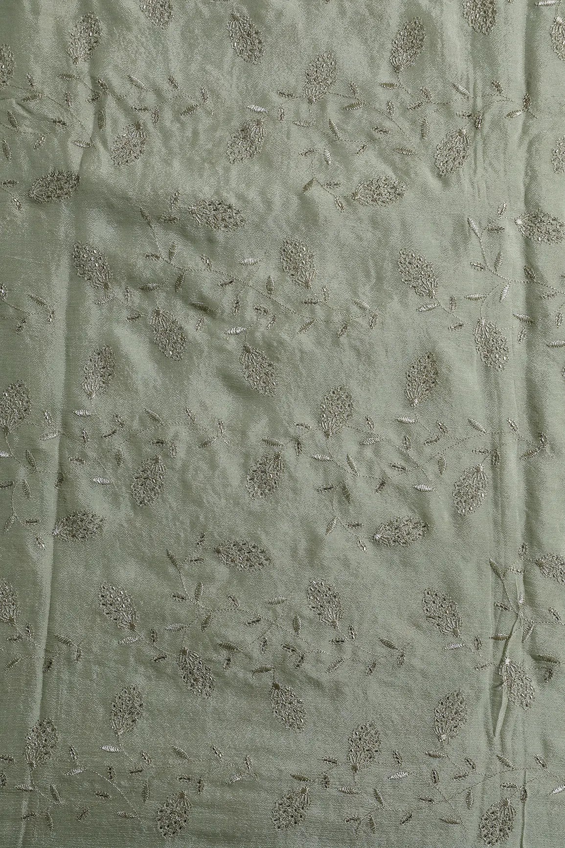 Gold Zari With Beads Leafy Embroidery Work On Olive Chinnon Chiffon Fabric - doeraa