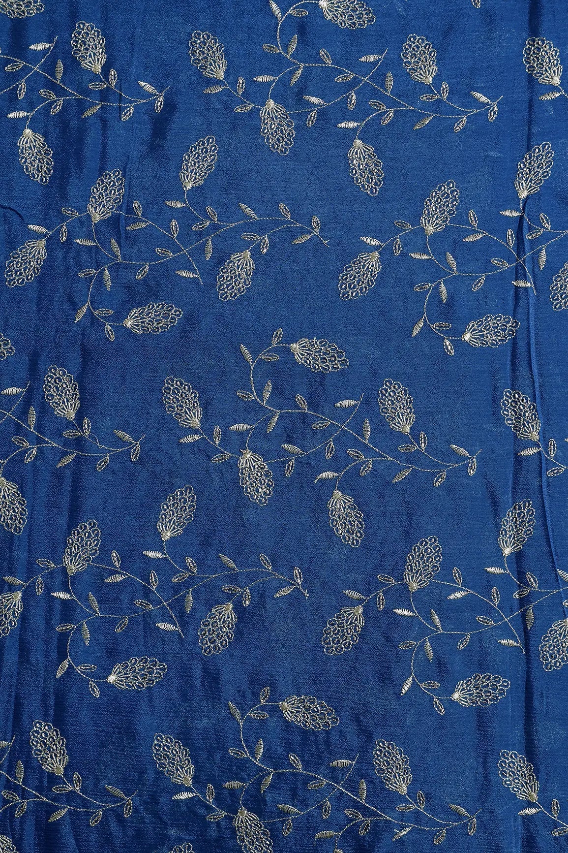 Gold Zari With Beads Leafy Embroidery Work On Prussian Blue Chinnon Chiffon Fabric - doeraa