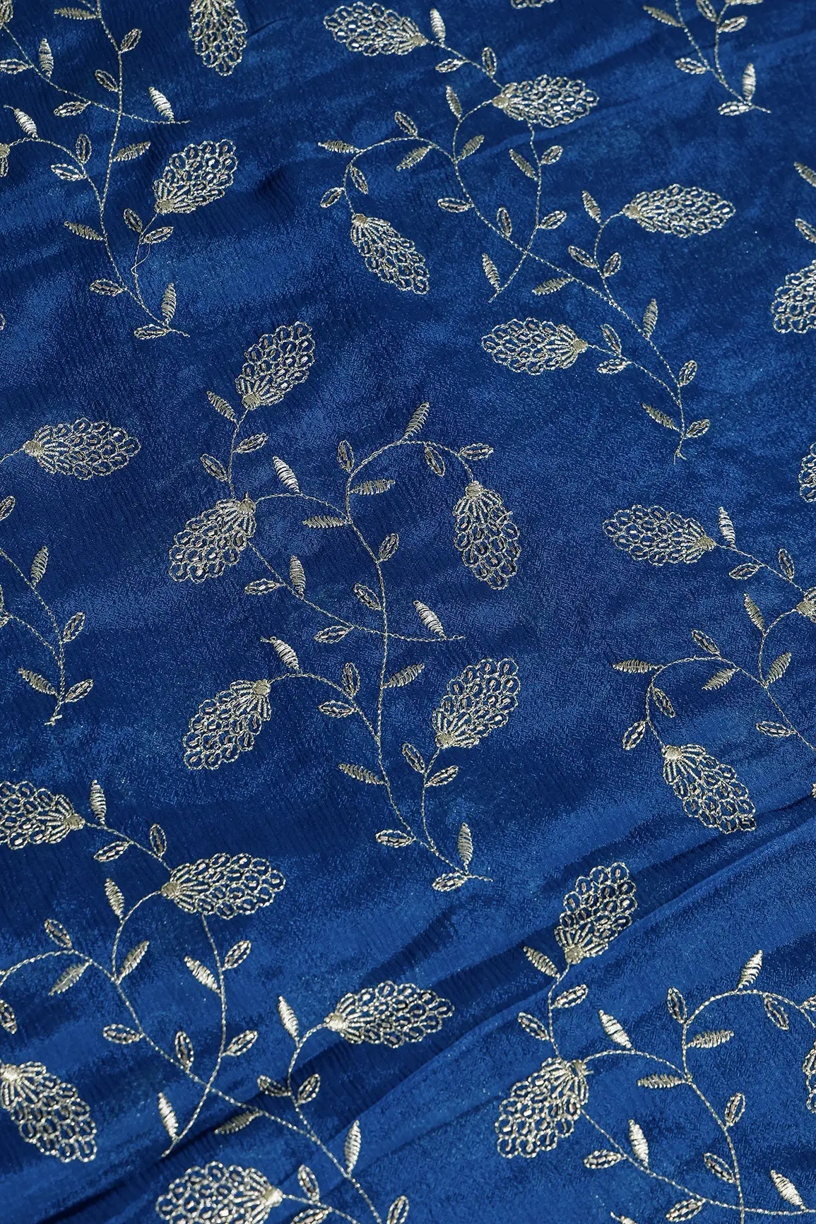 Gold Zari With Beads Leafy Embroidery Work On Prussian Blue Chinnon Chiffon Fabric - doeraa