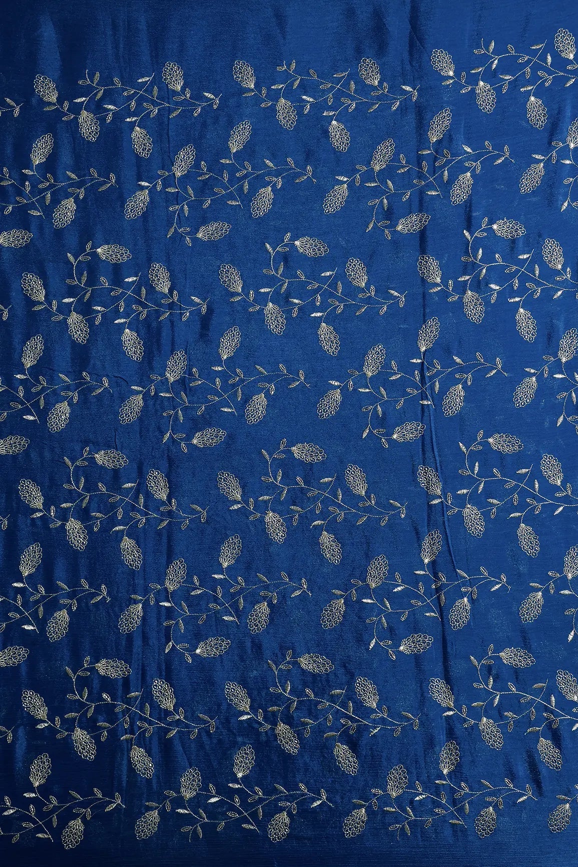 Gold Zari With Beads Leafy Embroidery Work On Prussian Blue Chinnon Chiffon Fabric - doeraa