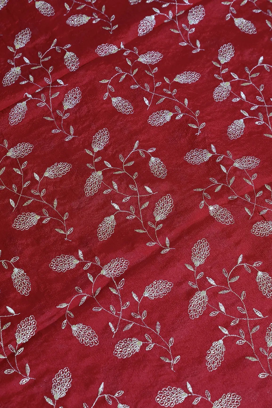 Gold Zari With Beads Leafy Embroidery Work On Red Chinnon Chiffon Fabric - doeraa